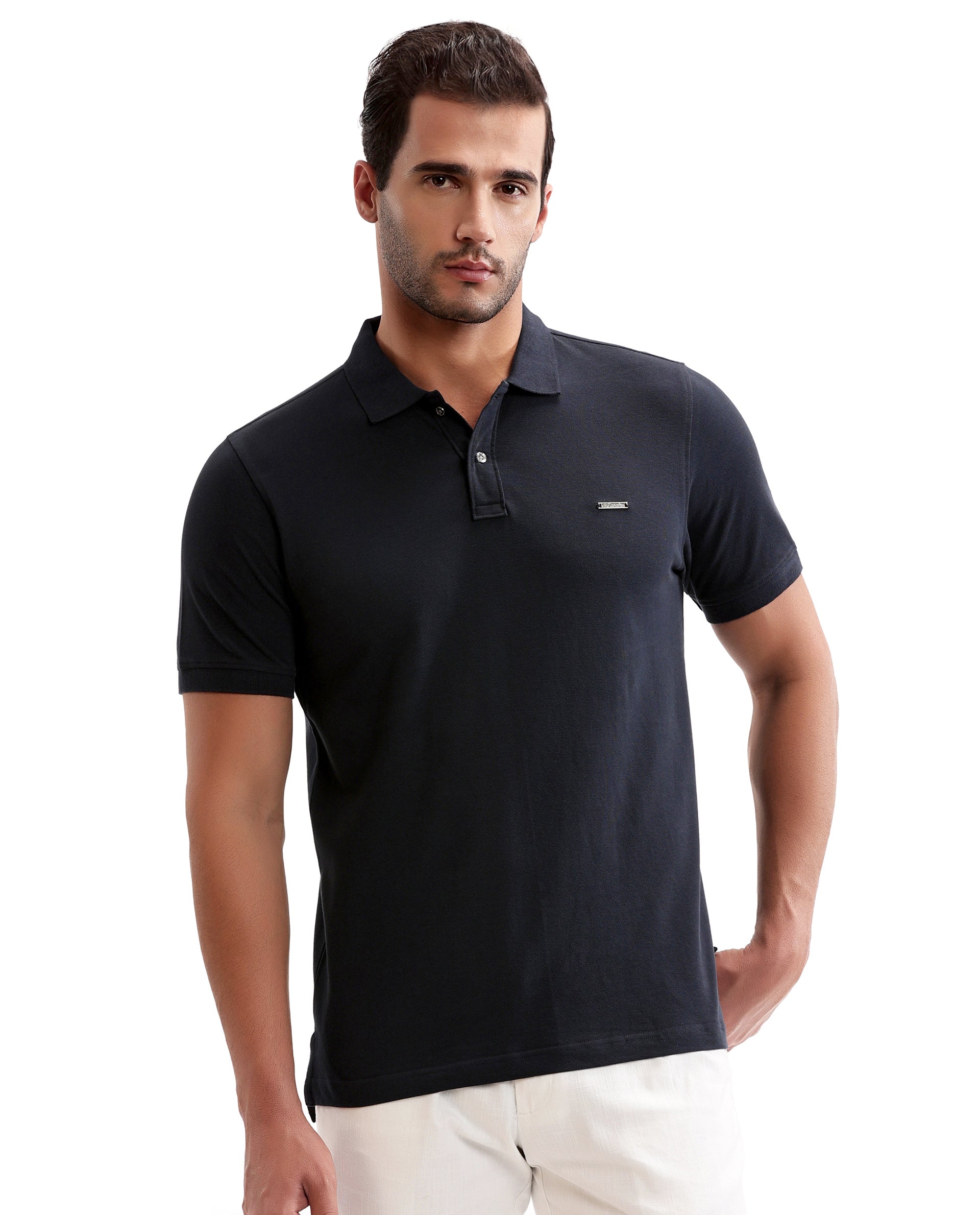 Midnight Navy Blue Pique Polo with Metal Buttons, 7C Metal Badge