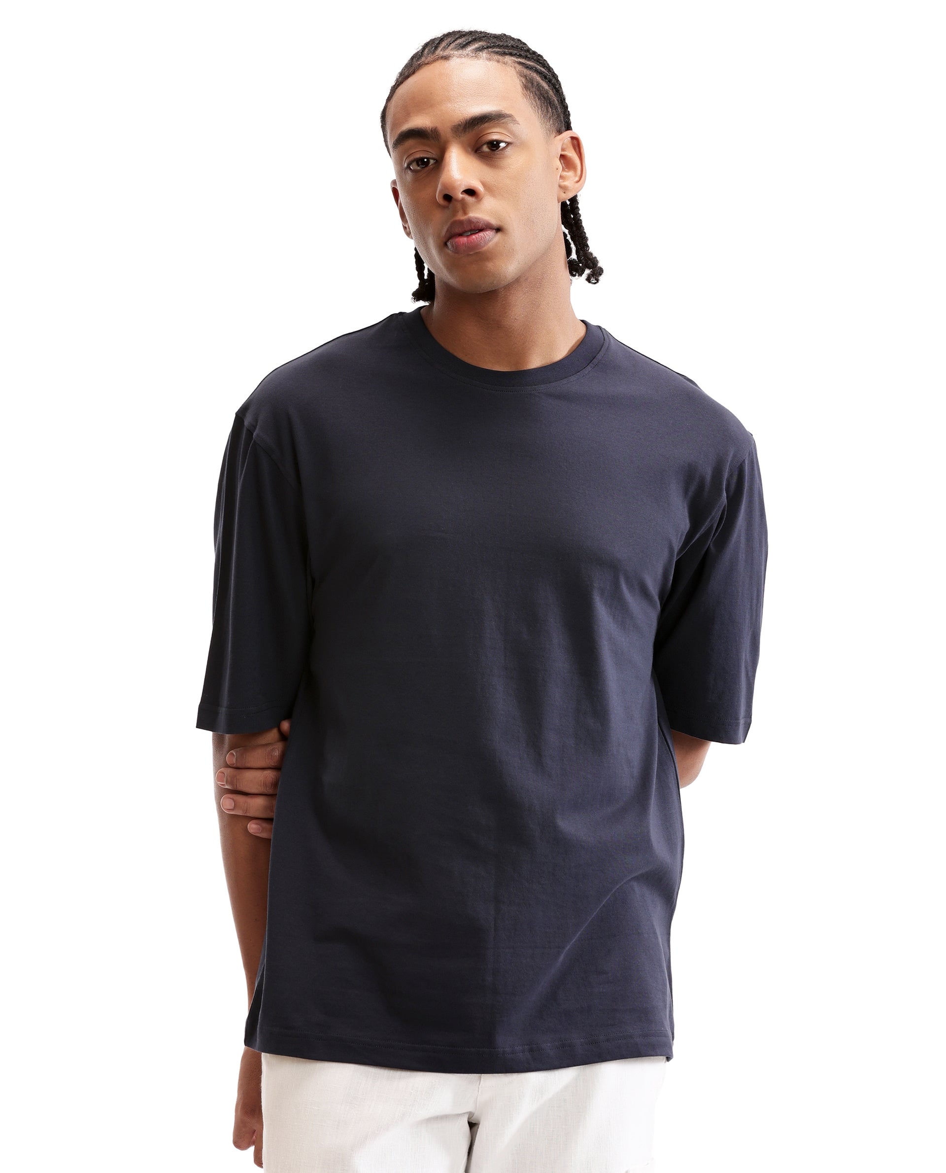 Midnight Navy Blue Single Jersey Crew Neck Oversized T-Shirt