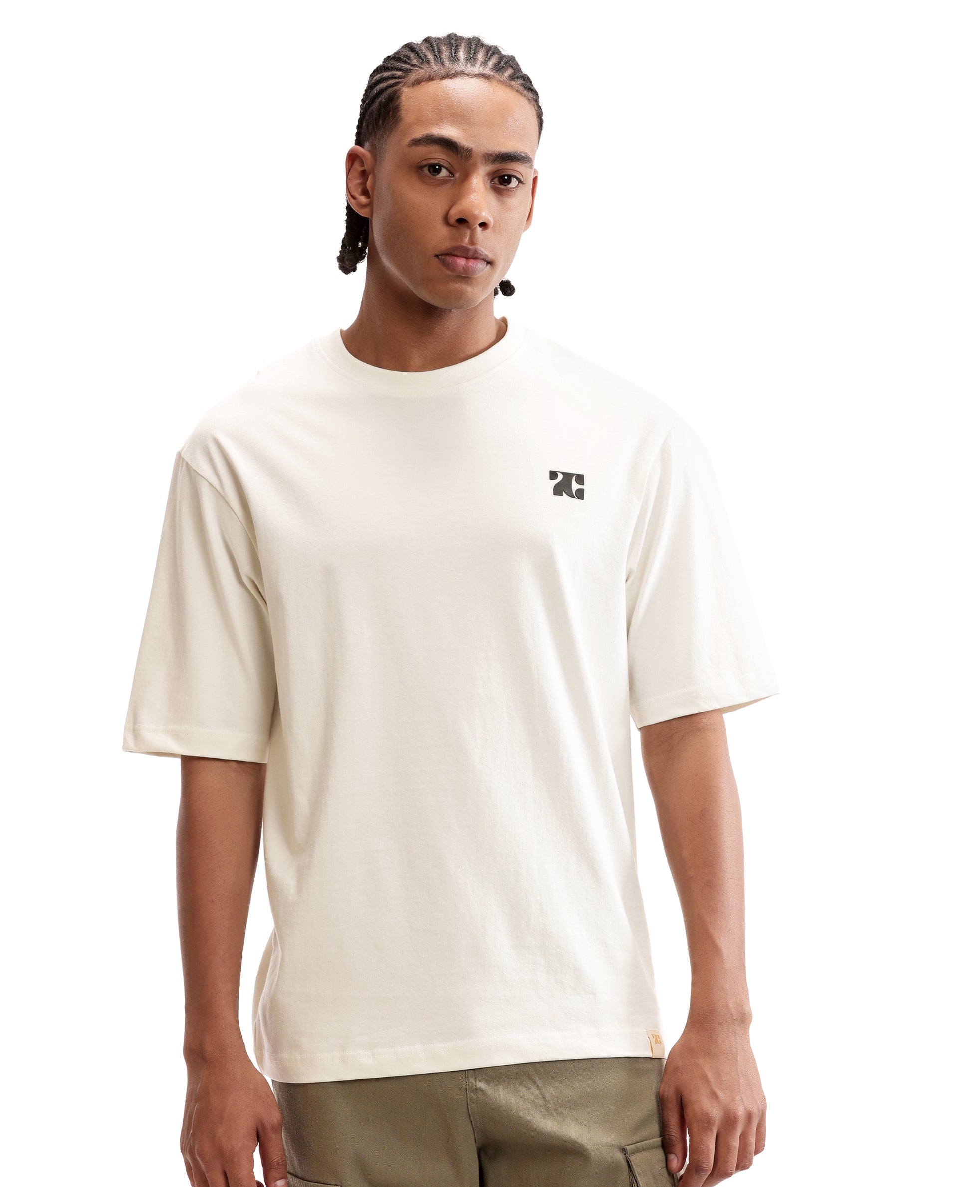 Ivory White Single Jersey Crew Neck Oversized T-Shirt with Charcoal Black HD Print