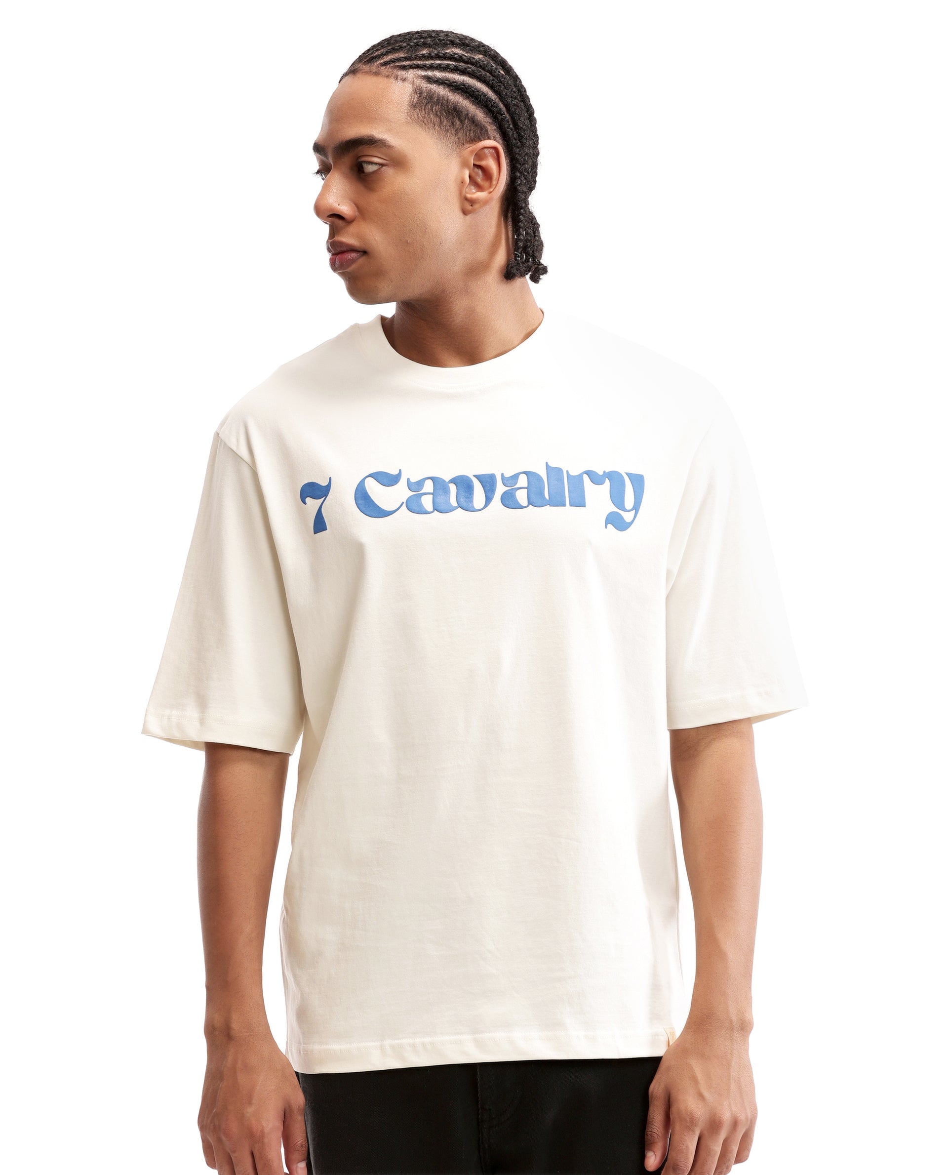 Ivory White Single Jersey Crew Neck Oversized T-Shirt with Midnight Navy Blue Puff Print