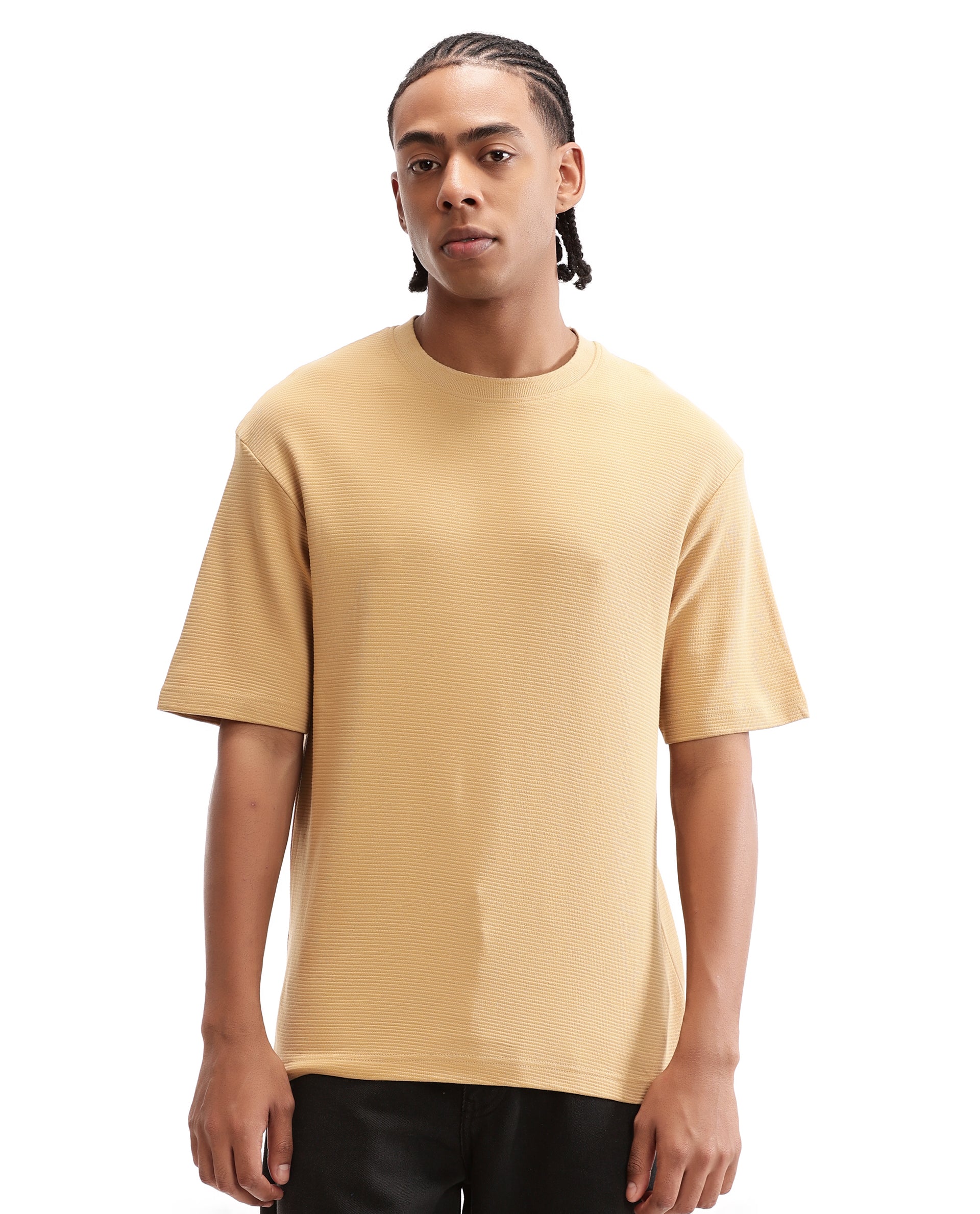 Camel Beige Knitted Ottoman Crew Neck Oversized T-Shirt