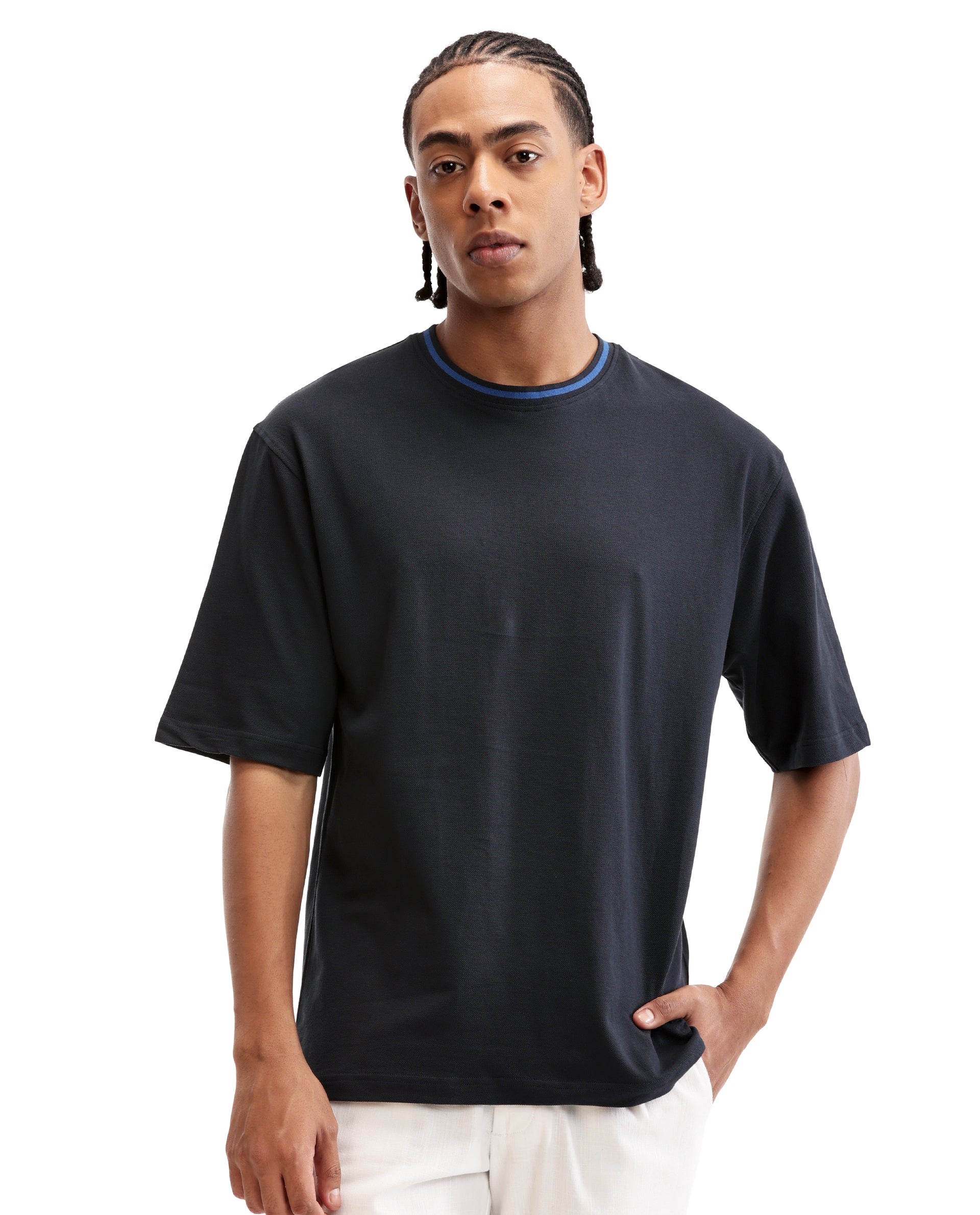 Midnight Navy Blue Pique Crew Neck Oversized T-Shirt with Imperial Prussian Blue