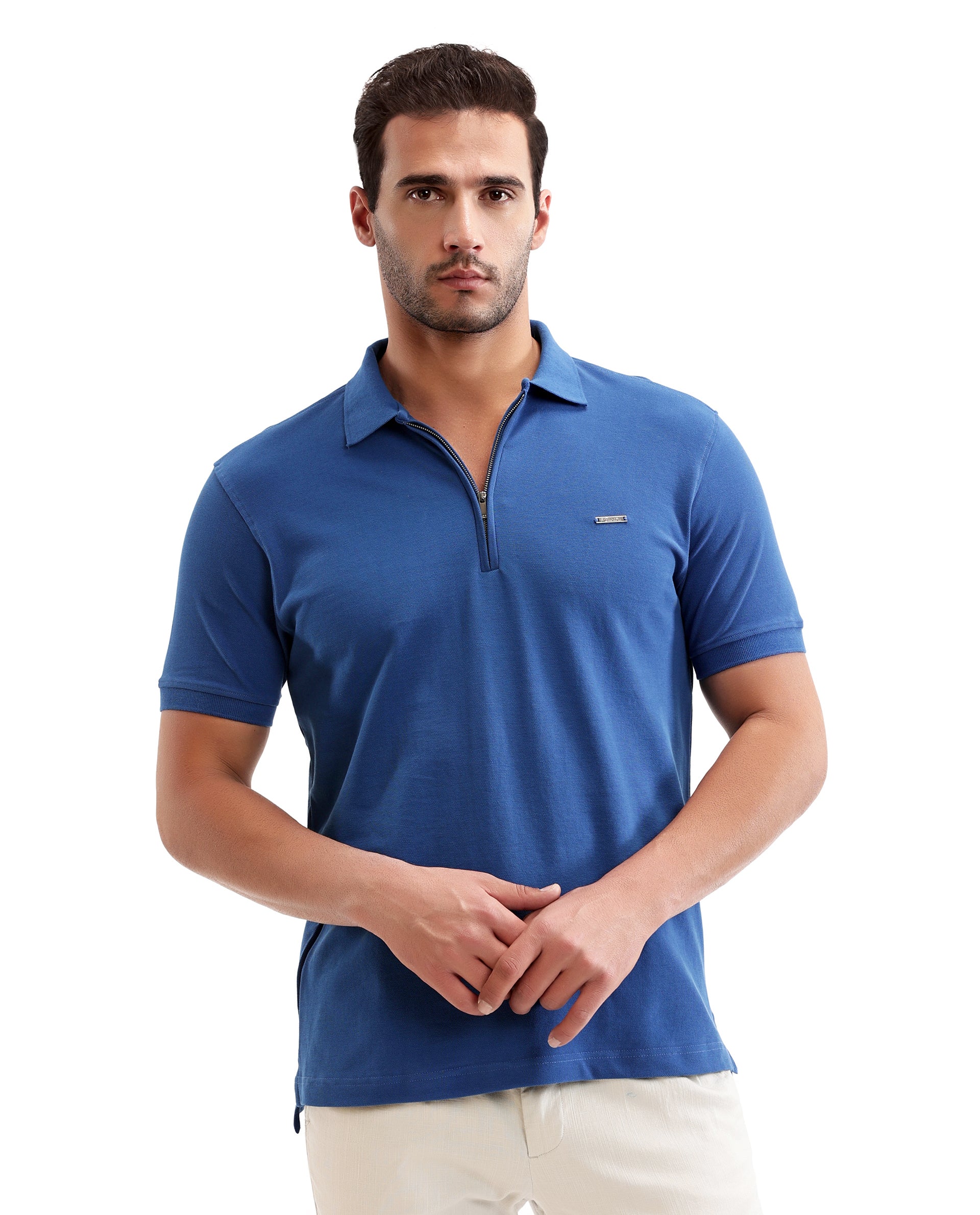 Imperial Prussian Blue Pique Polo with 7C Metal Zip, Metal Badge