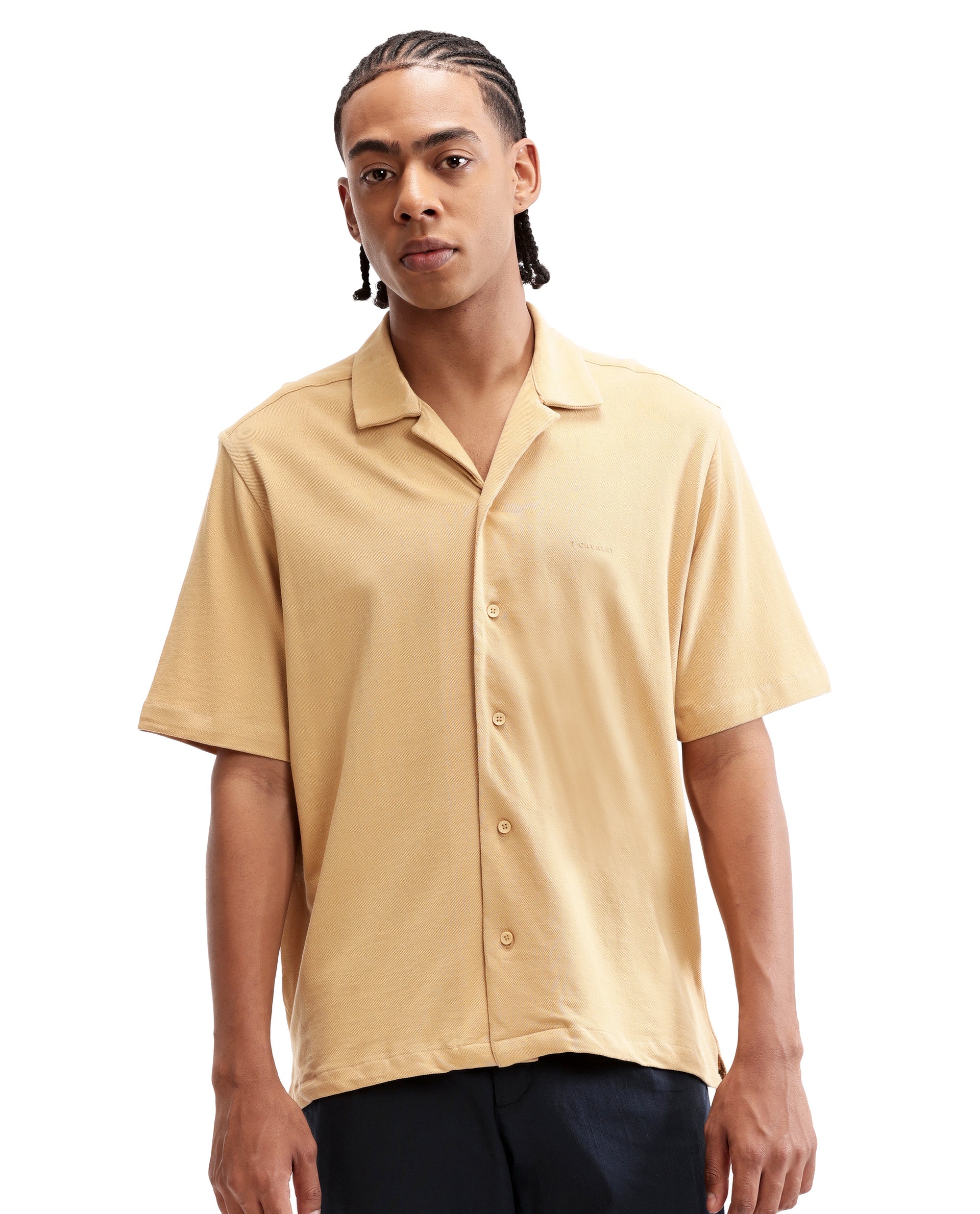 Camel Beige Pique Knit Shirt with HD Print