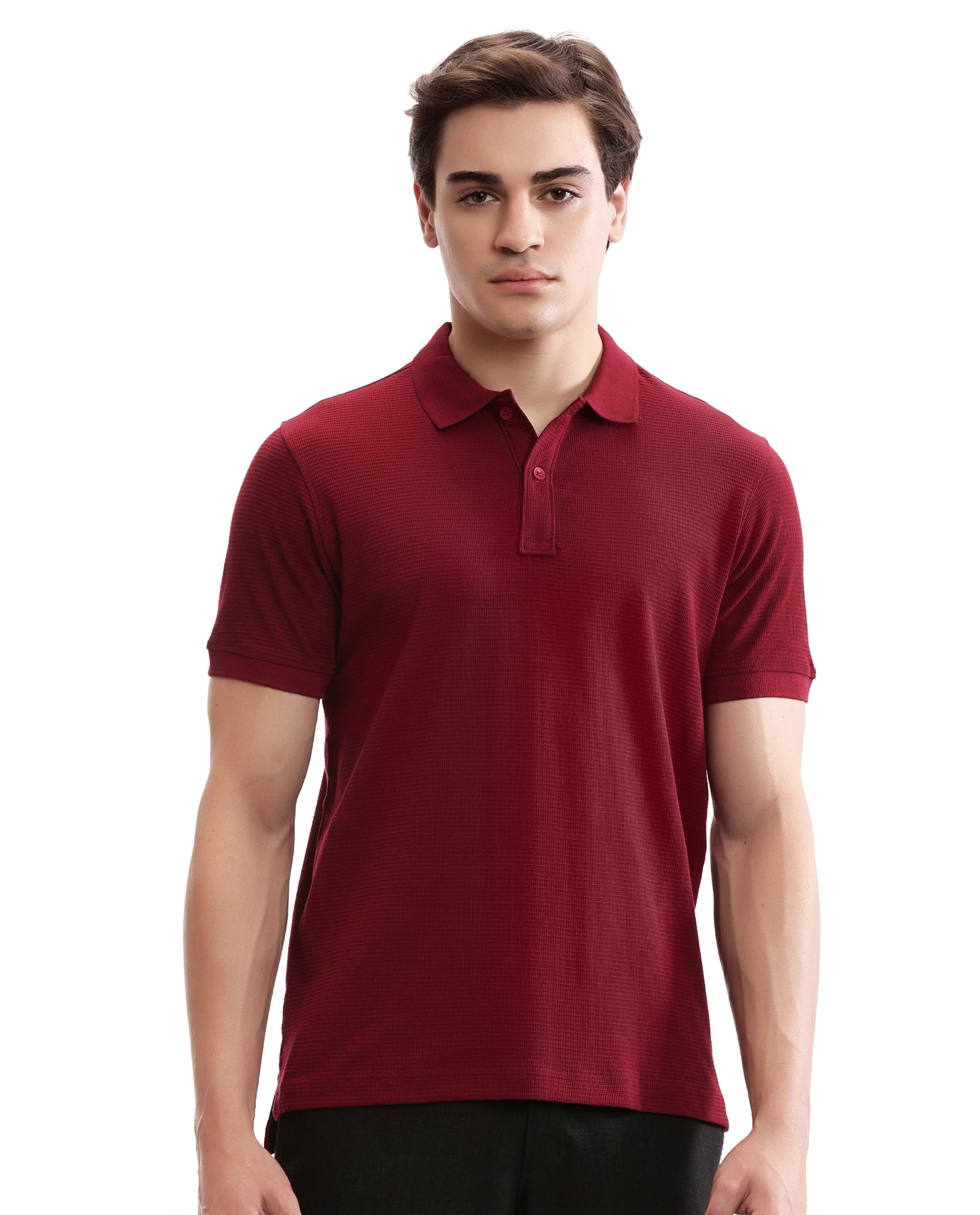 Bordeaux Maroon Knitted Waffle Polo with Ribbed Collar