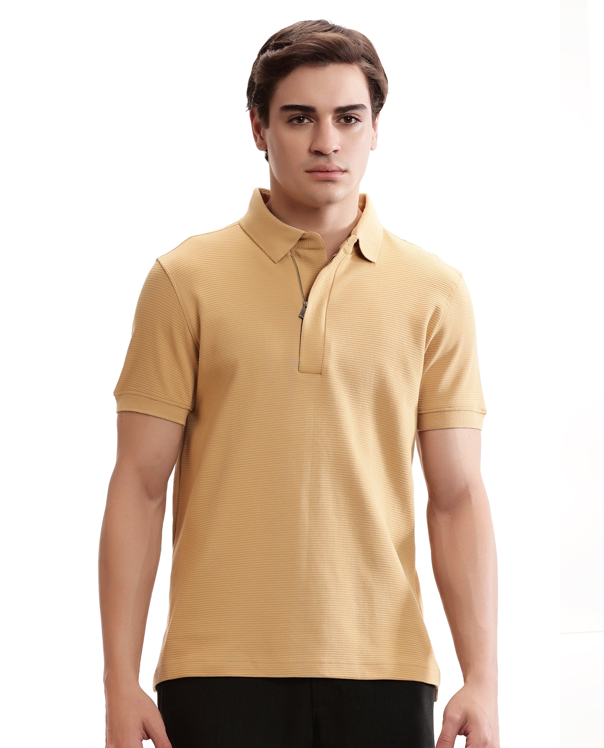 Camel Beige Knitted Ottoman Polo with 7C Metal Zip