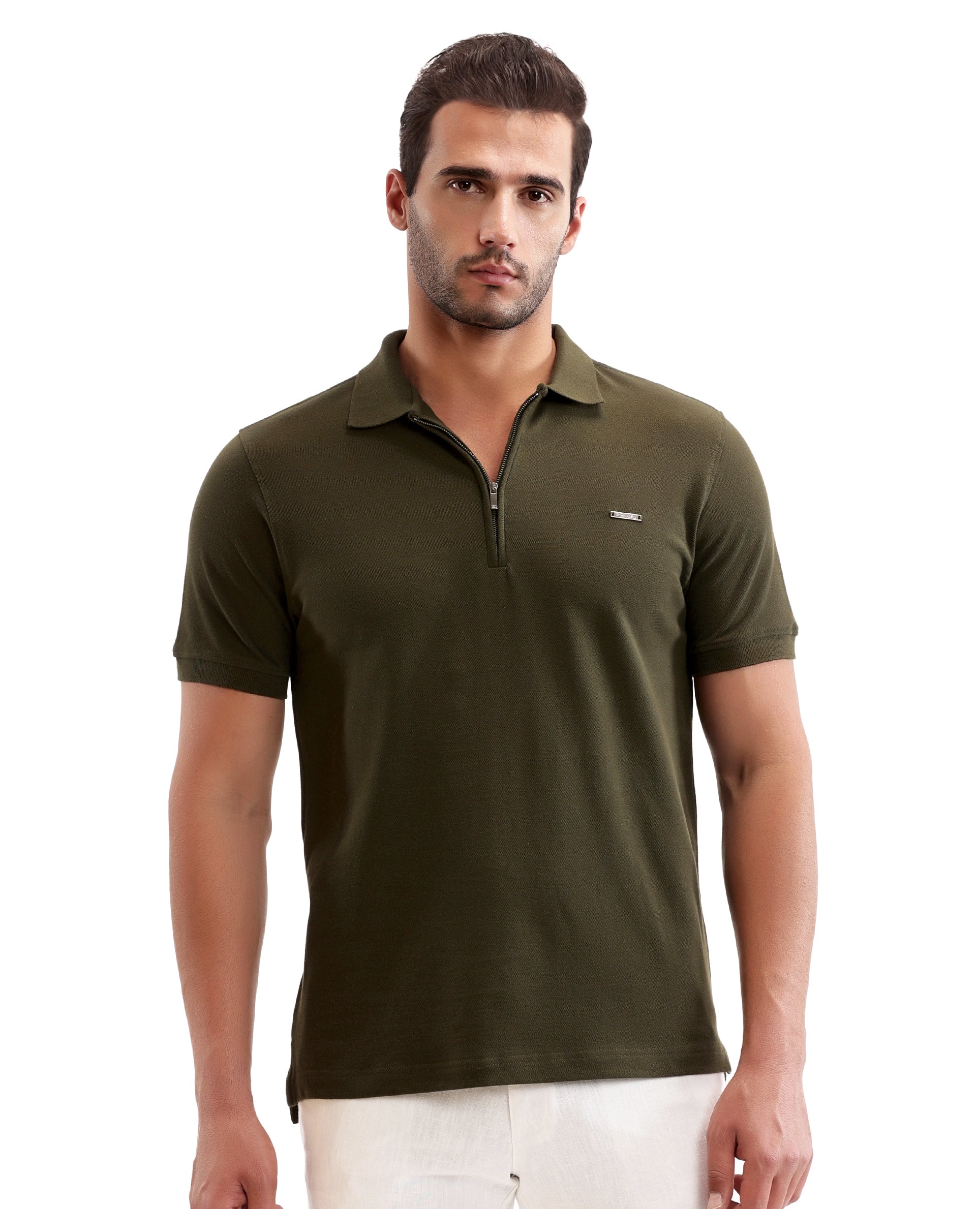 Vintage Olive Pique Polo with 7C Metal Zip, Metal Badge
