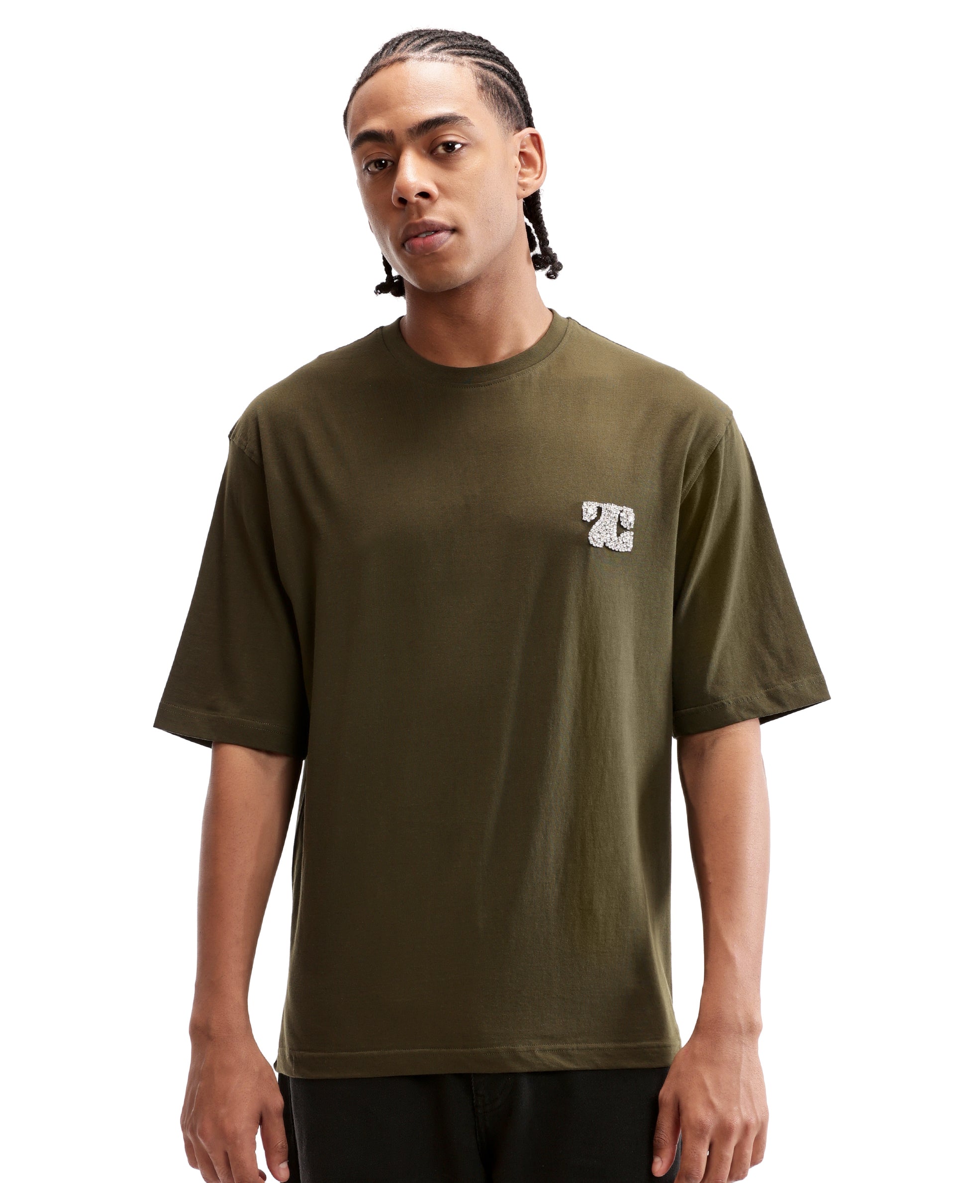 Vintage Olive Single Jersey Crew Neck Oversized T-Shirt with Crystal Finish Rhinestones