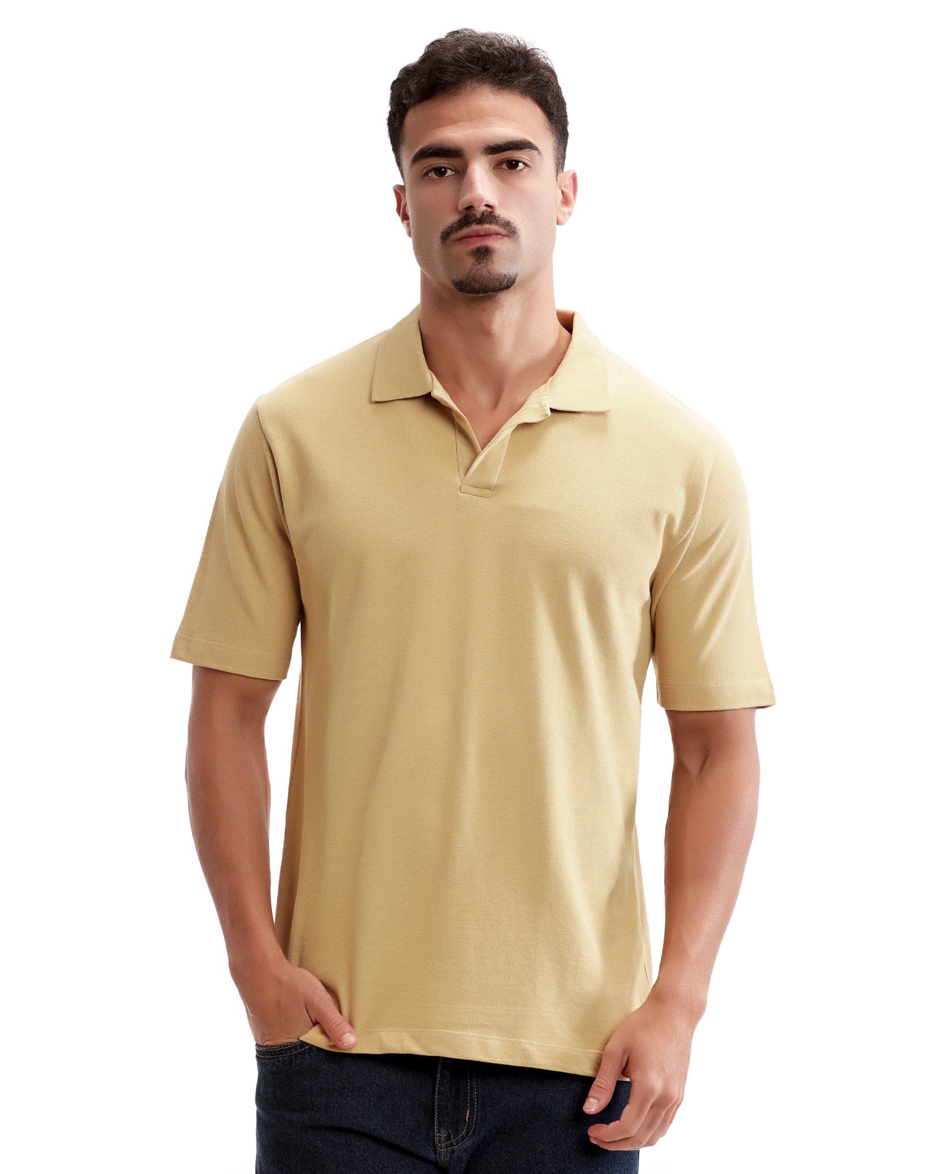 Camel Beige Pique Johnny Collar Polo