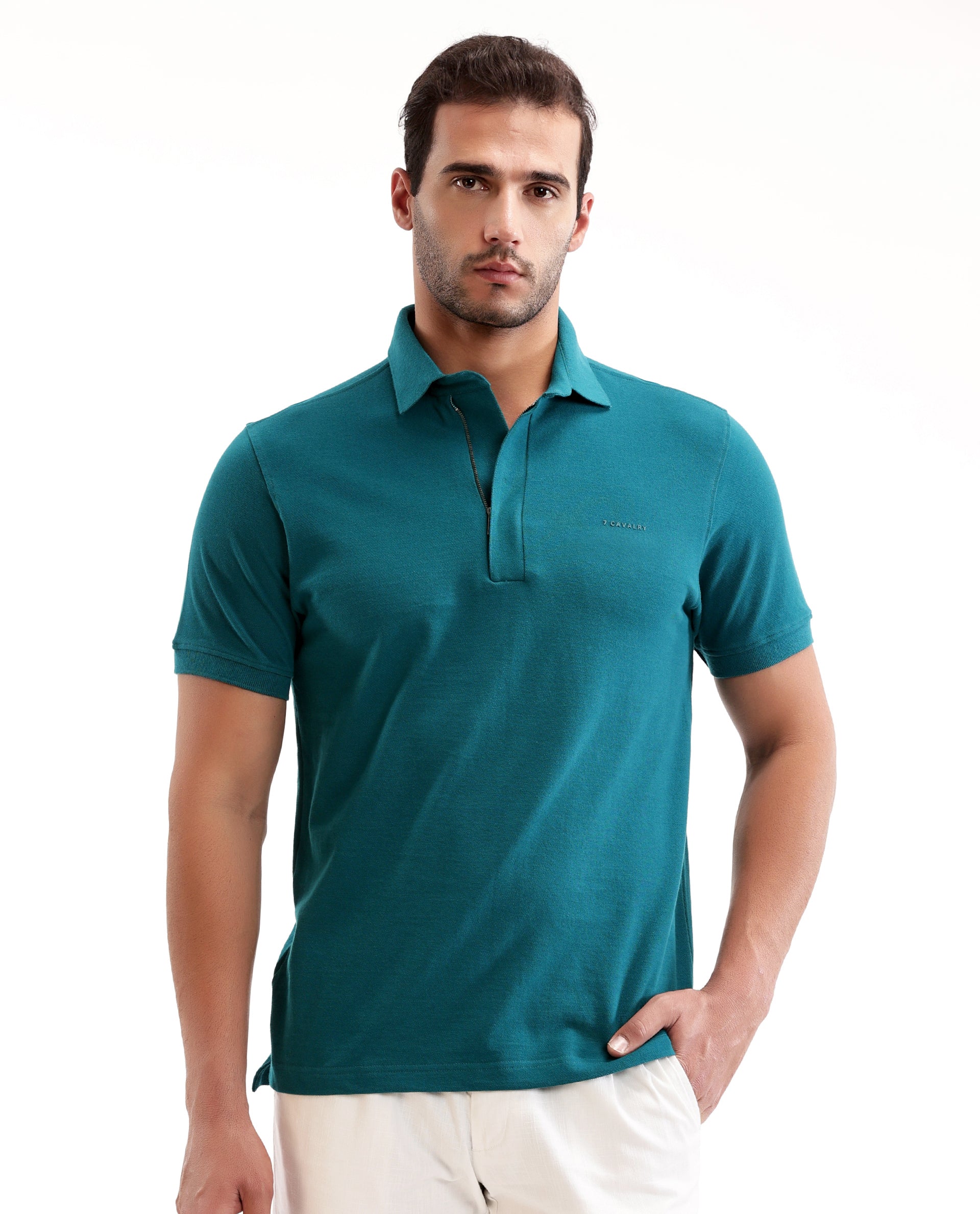 Ocean Teal Pique Polo with Concealed 7C Metal Zip, HD Print