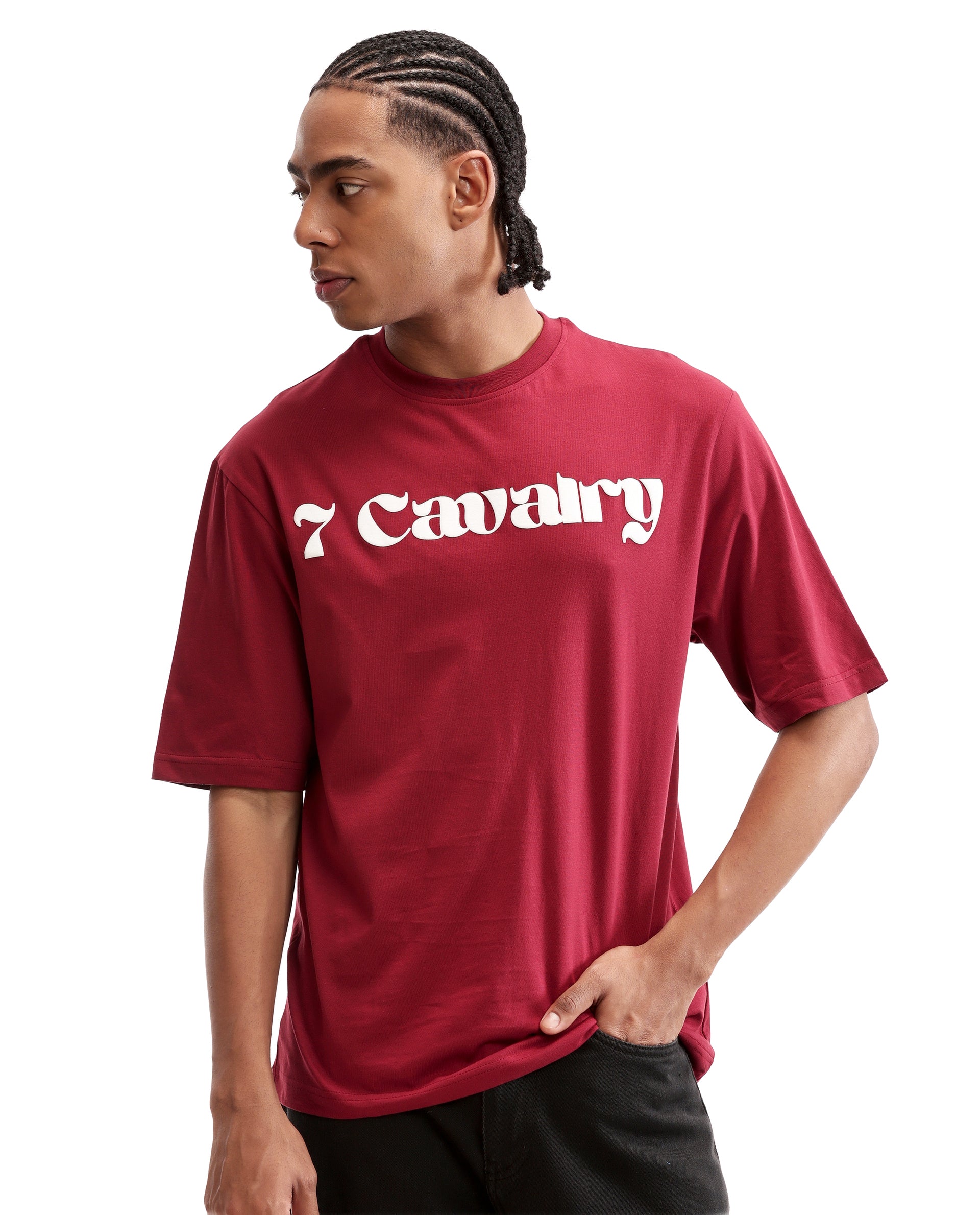 Bordeaux Maroon Single Jersey Crew Neck Oversized T-Shirt with Pure White Puff Print