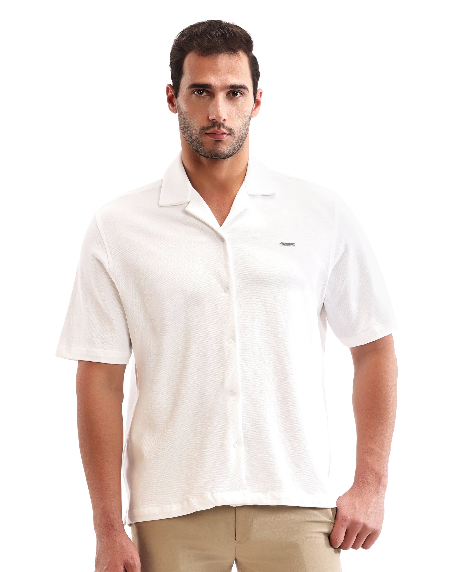 Pure White Pique Knit Shirt with 7C Engraved Snap Buttons, Gun Metal Badge