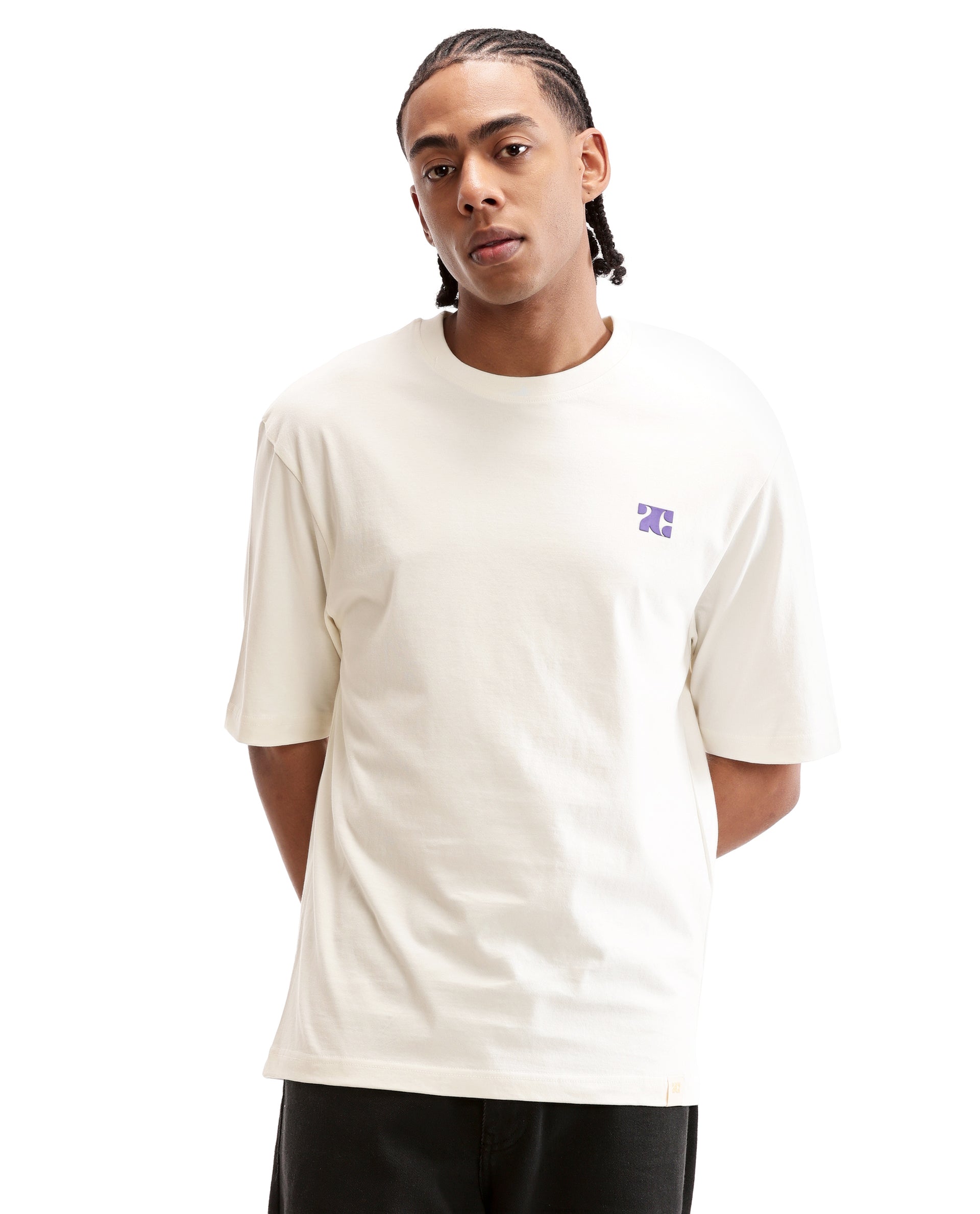 Ivory White Single Jersey Crew Neck Oversized T-Shirt with Deep Purple HD Print