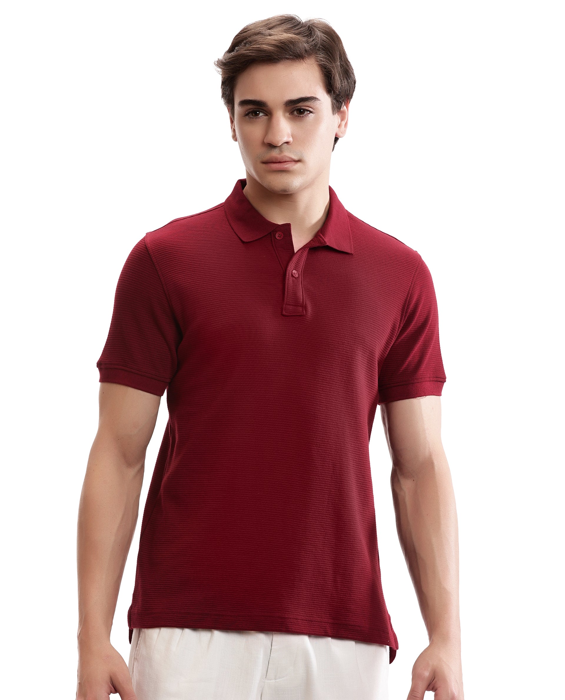 Bordeaux Maroon Knitted Ottoman Polo with Ribbed Collar