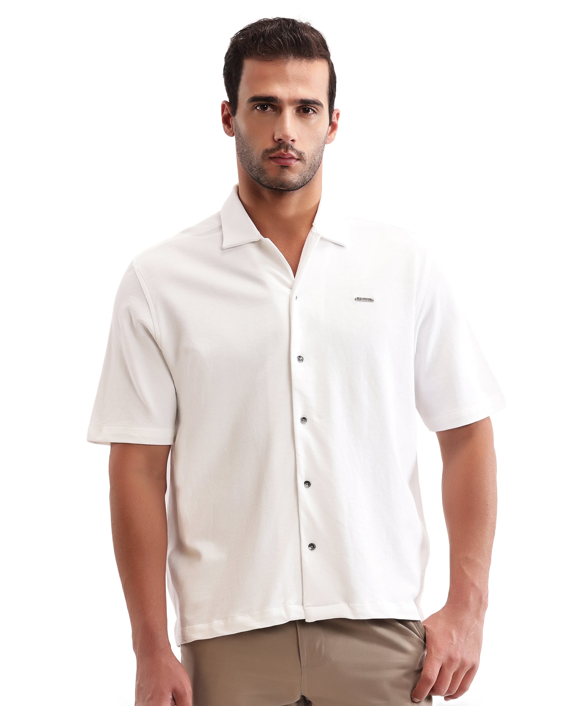 Pure White Pique Knit Shirt with 7C Metal Buttons, Gun Metal Badge