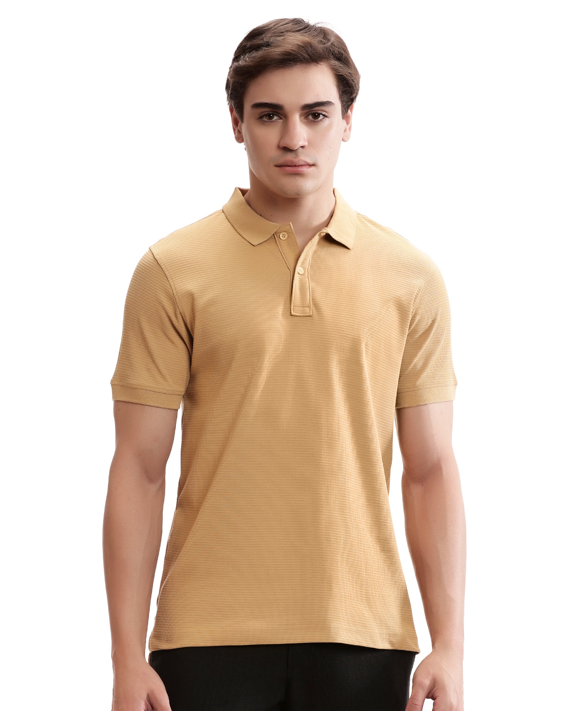Camel Beige Knitted Waffle Polo with Ribbed Collar
