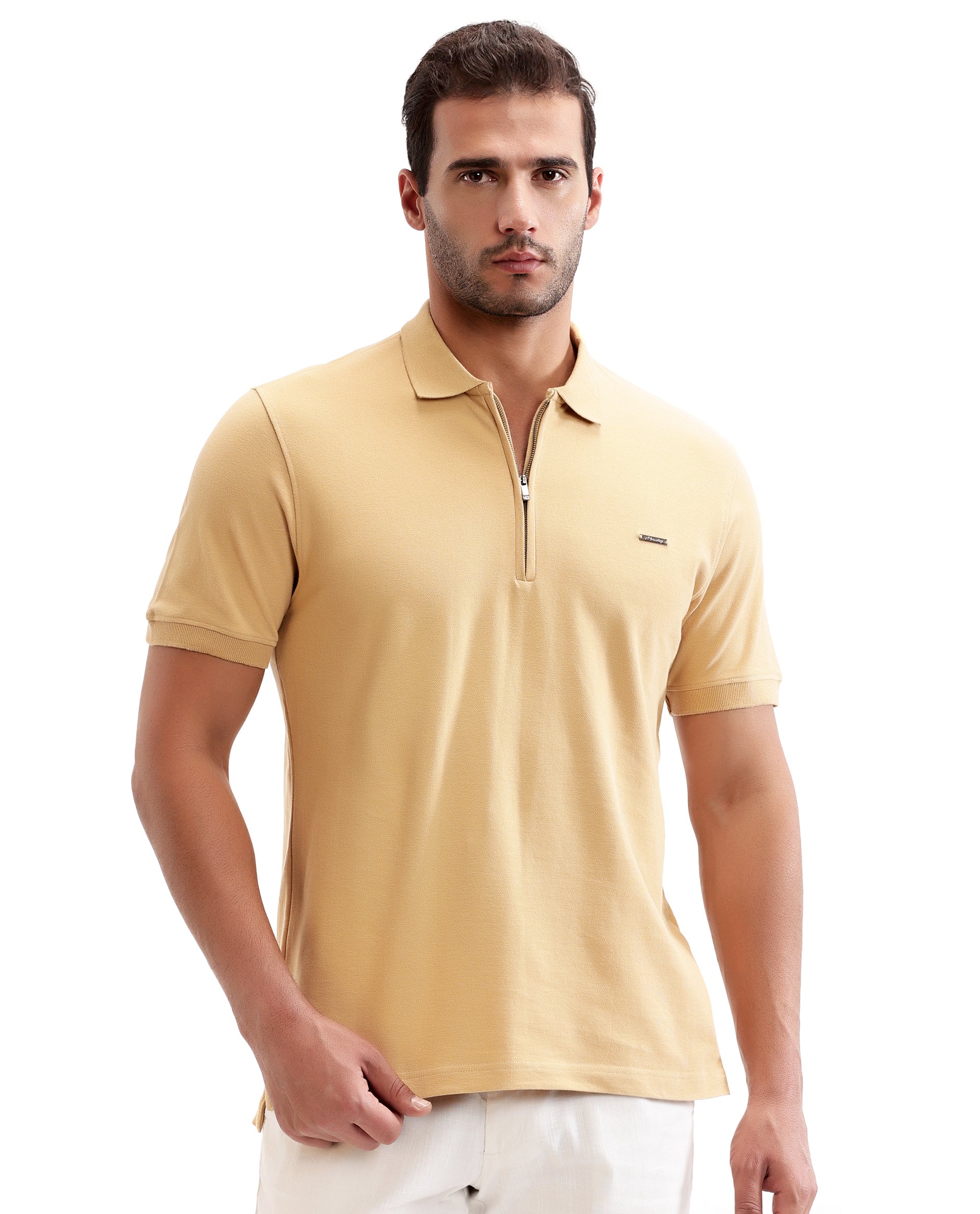 Camel Beige Pique Polo with 7C Metal Zip, Metal Badge