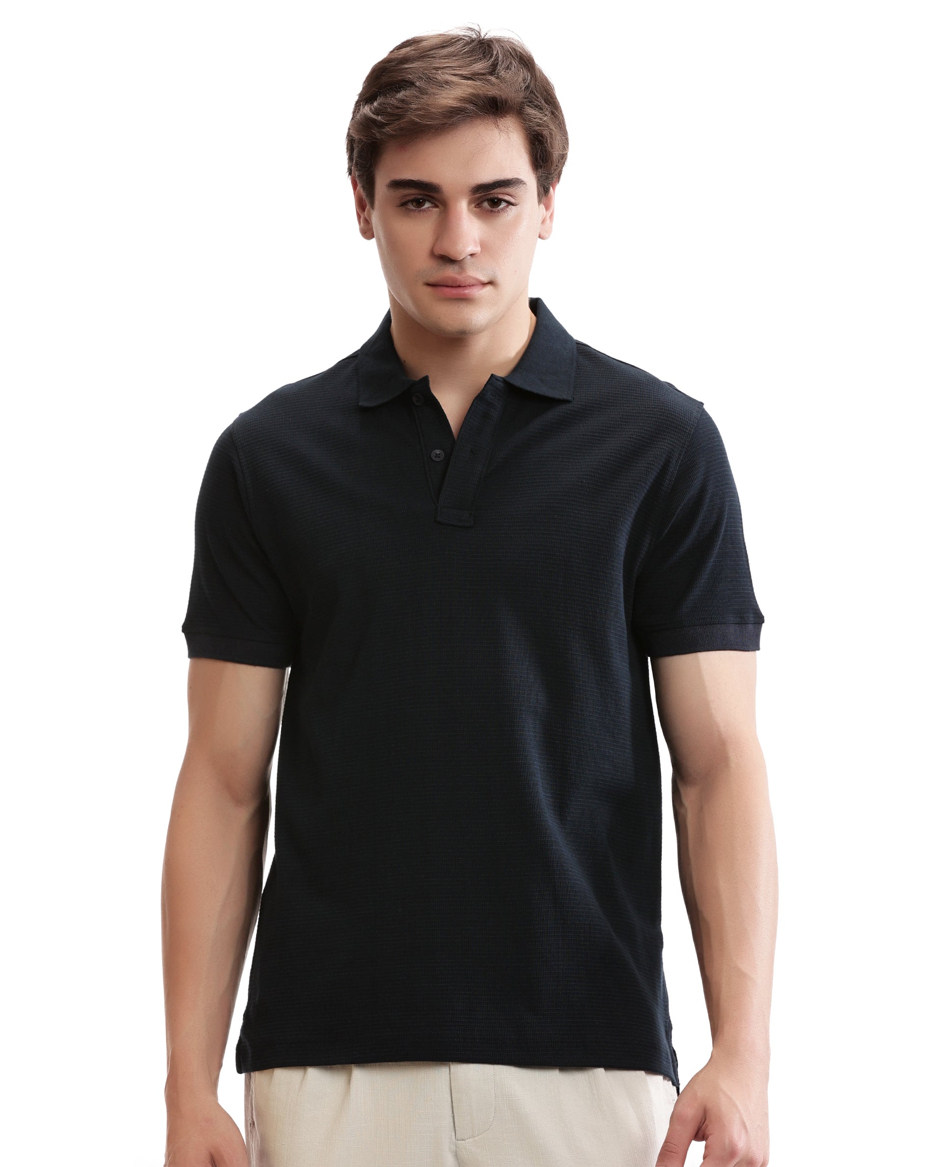 Midnight Navy Blue Knitted Waffle Polo with Ribbed Collar
