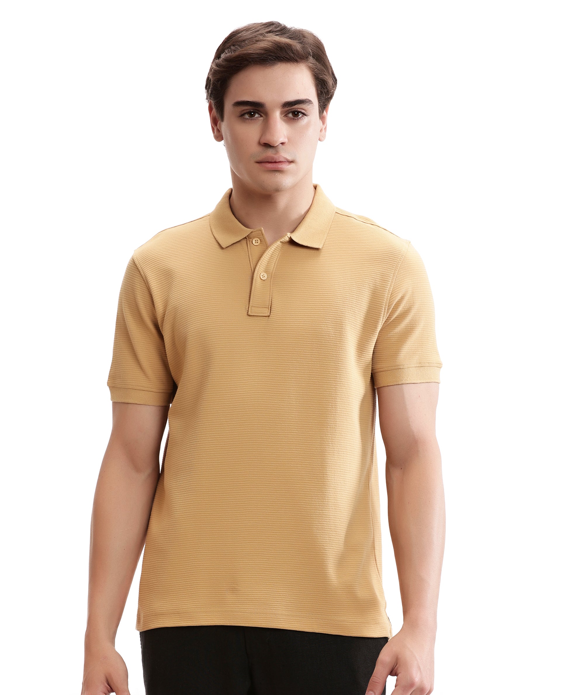 Camel Beige Knitted Ottoman Polo with Ribbed Collar