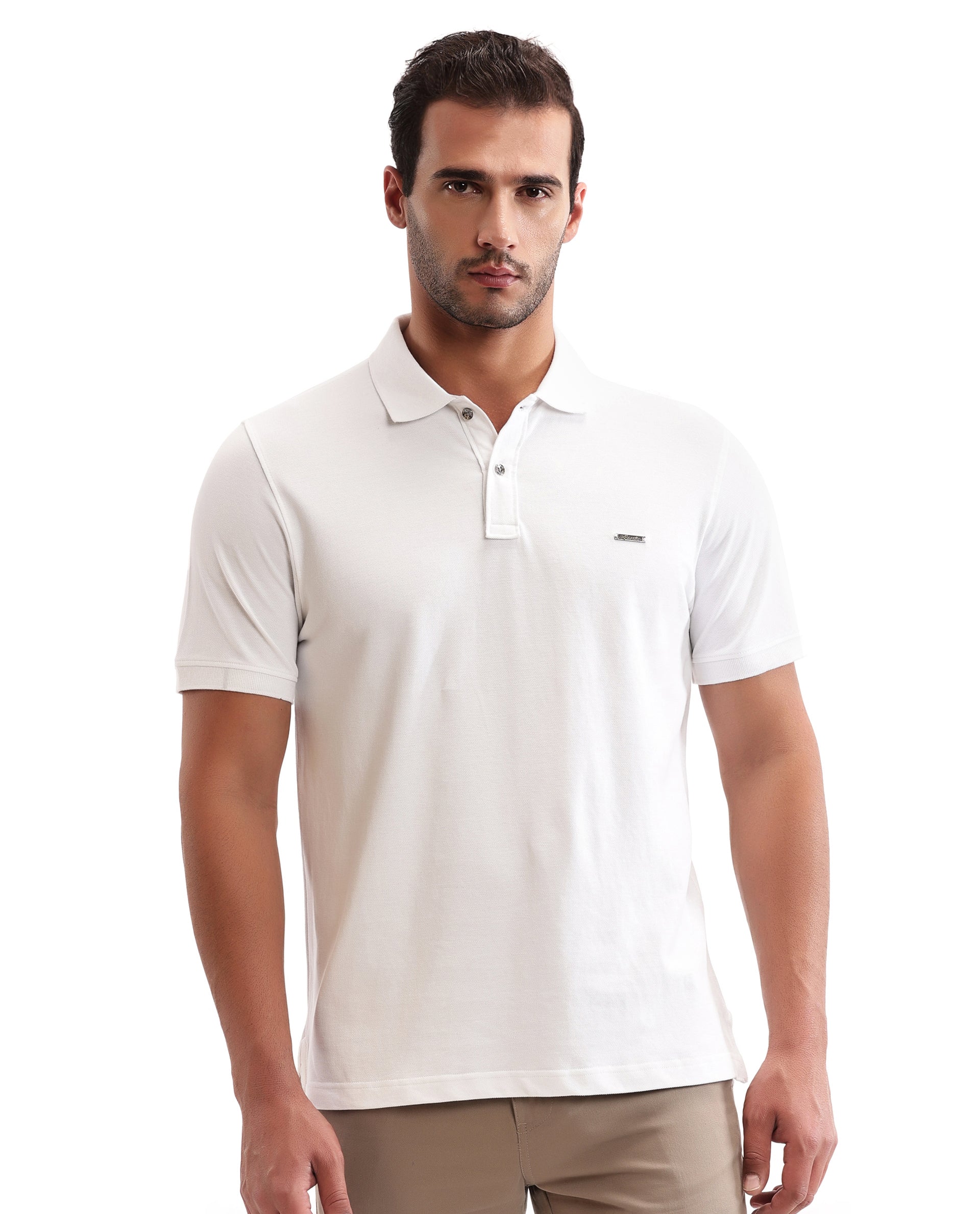 Pure White Pique Polo with Metal Buttons, 7C Metal Badge