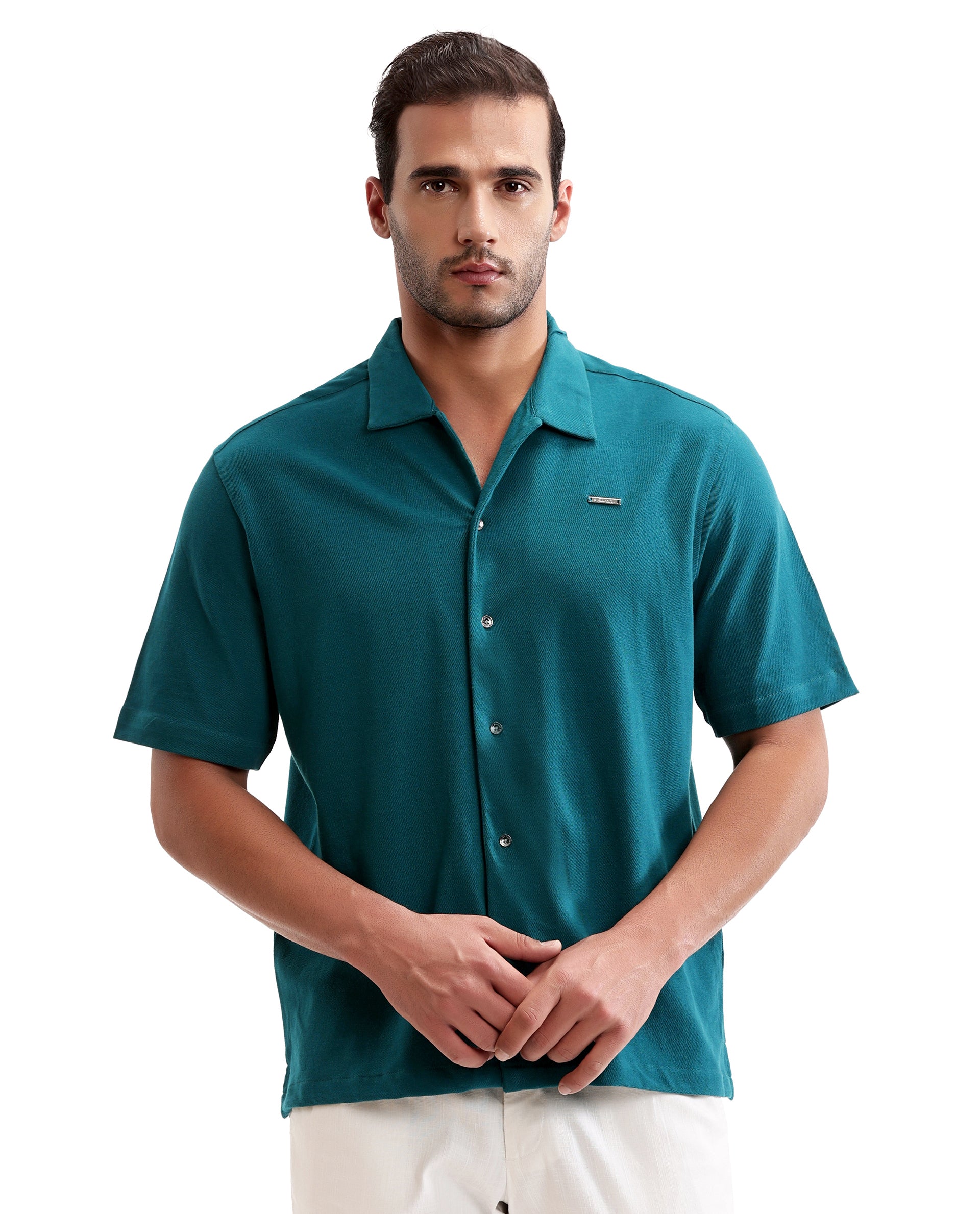 Ocean Teal Pique Knit Shirt with 7C Metal Buttons, Gun Metal Badge