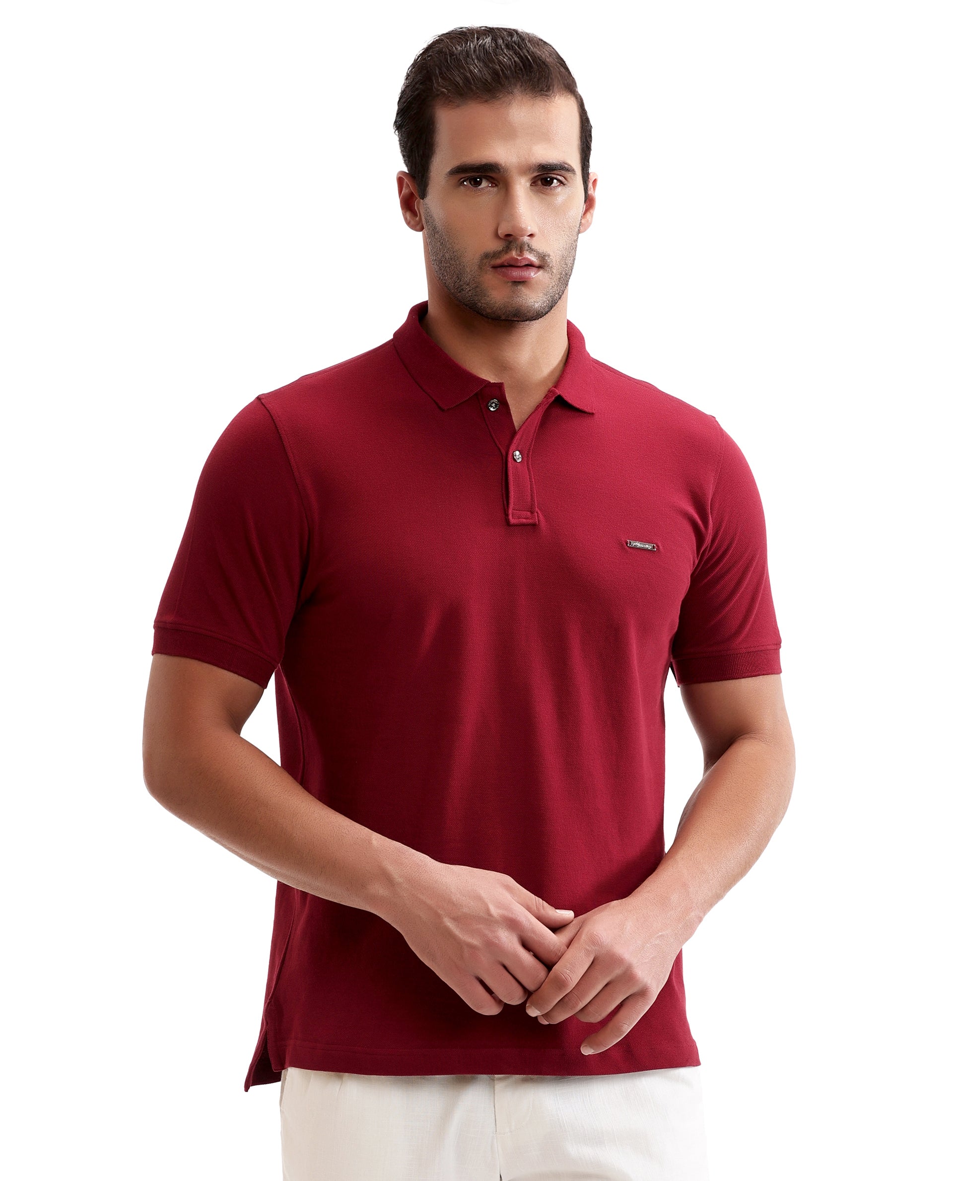 Bordeaux Maroon Pique Polo with Metal Buttons, 7C Metal Badge
