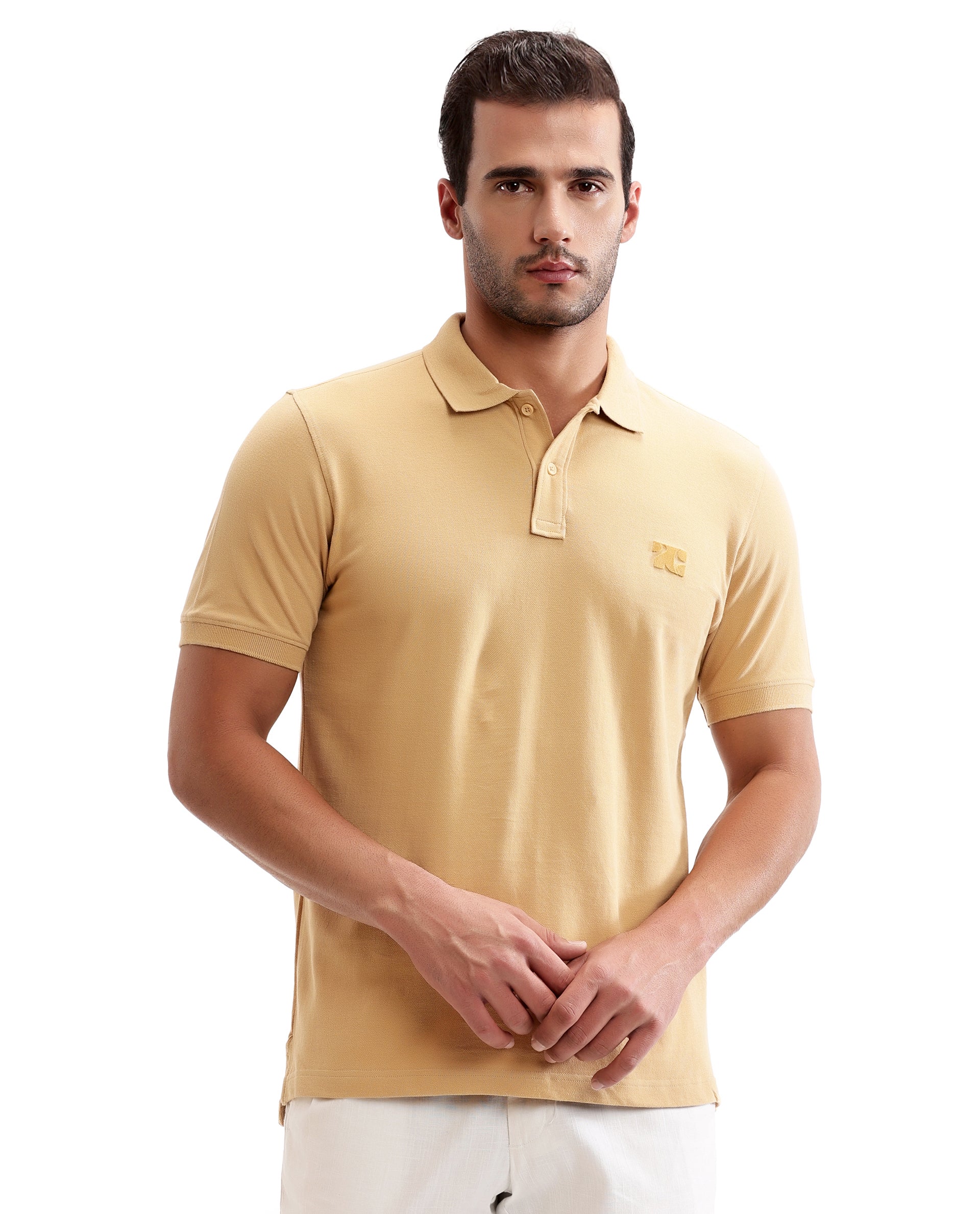 Camel Beige Pique Polo with Tufted Embroidery