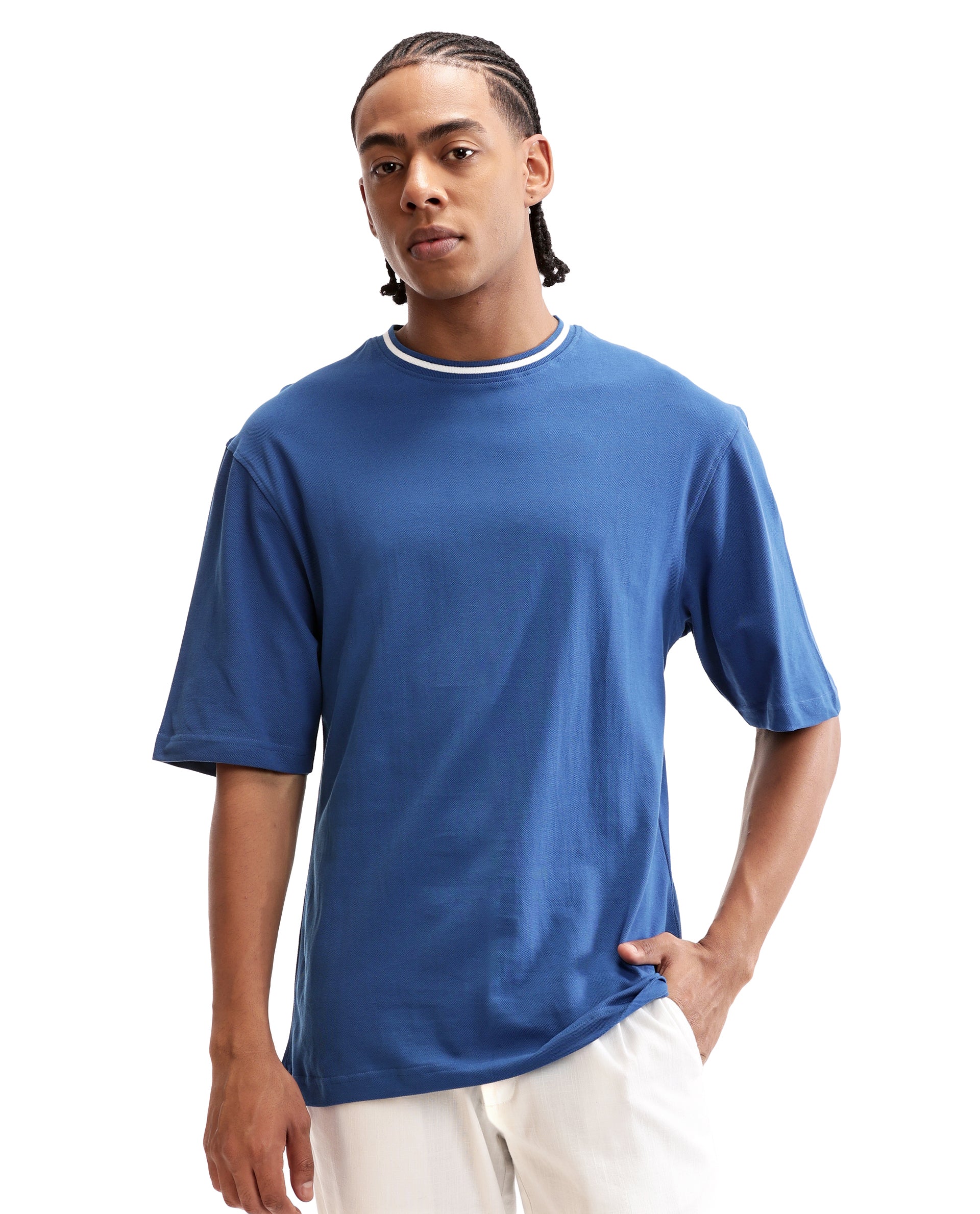 Imperial Prussian Blue Pique Crew Neck Oversized T-Shirt with Pure White Piping
