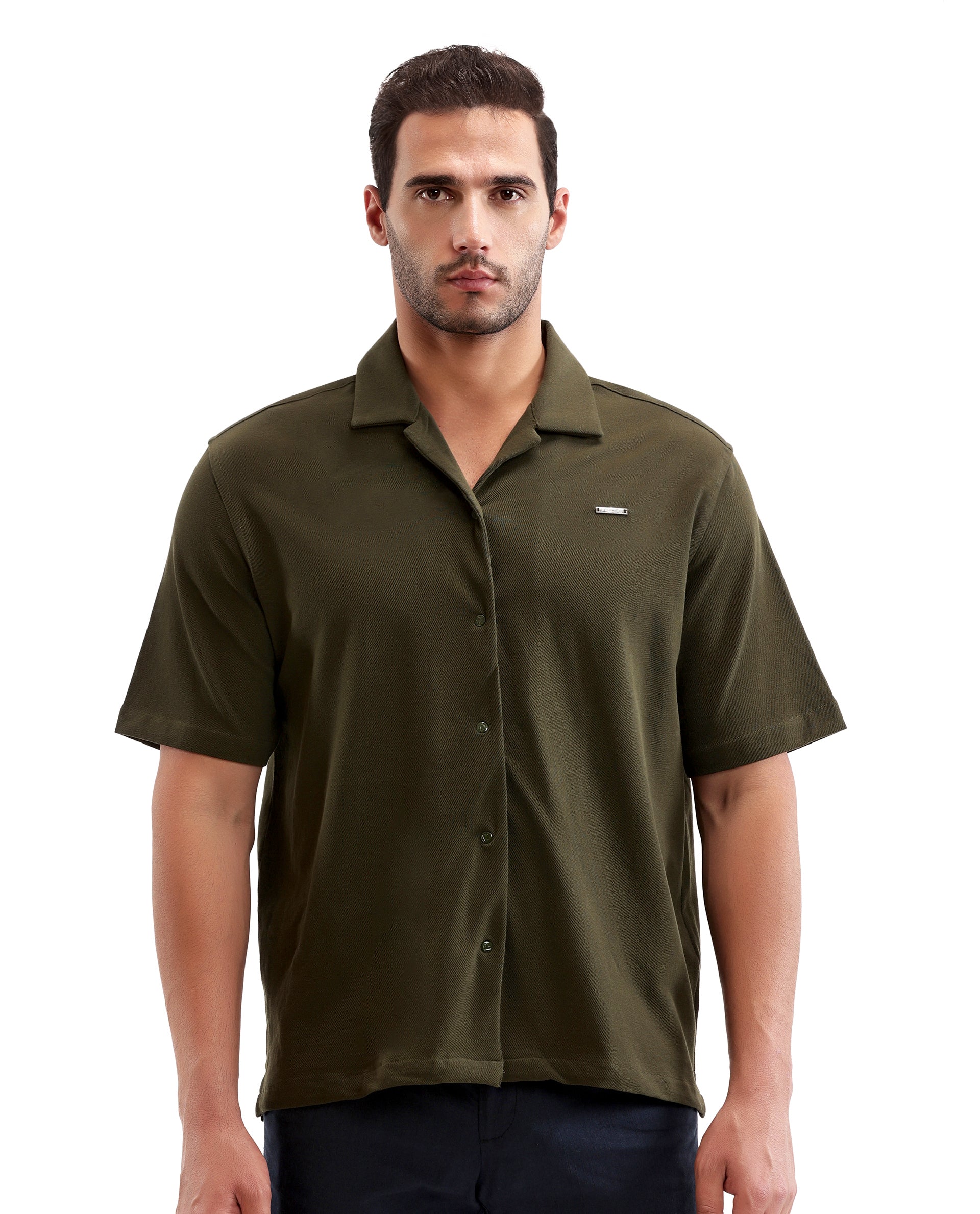 Vintage Olive Pique Knit Shirt with 7C Engraved Snap Buttons, Gun Metal Badge