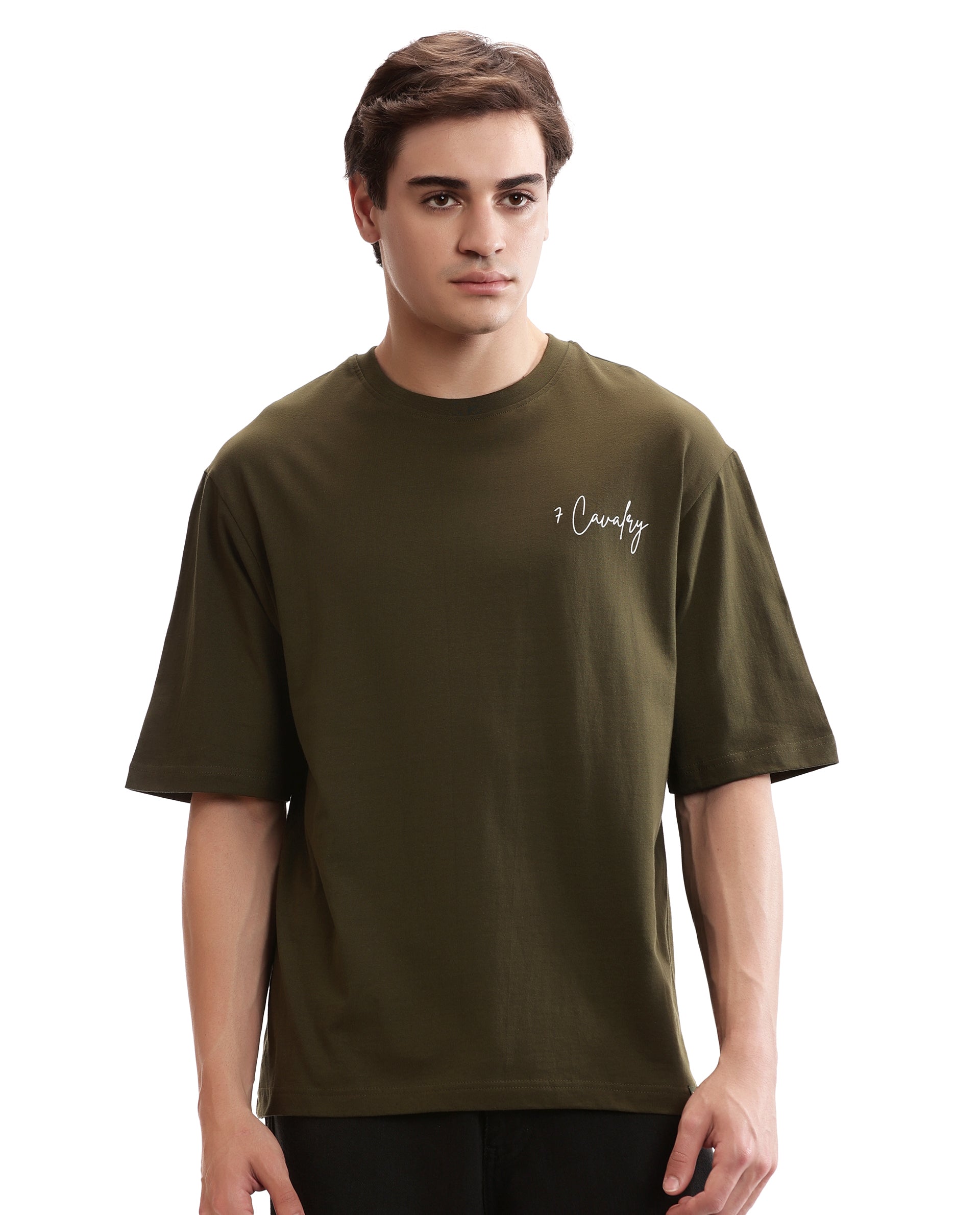 Vintage Olive Single Jersey Crew Neck Oversized T-Shirt with Pure White Non-PVC Print