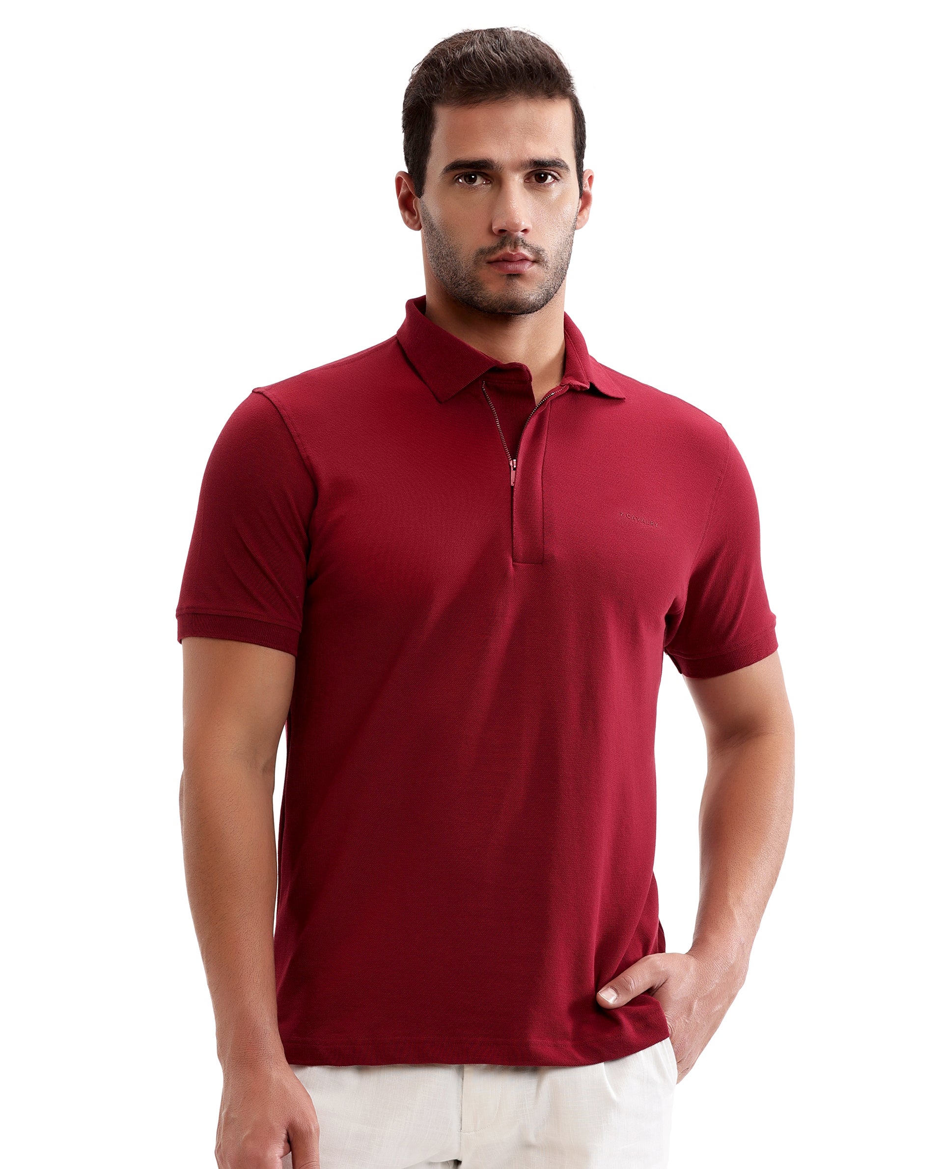 Bordeaux Maroon Pique Polo with Concealed 7C Metal Zip, HD Print