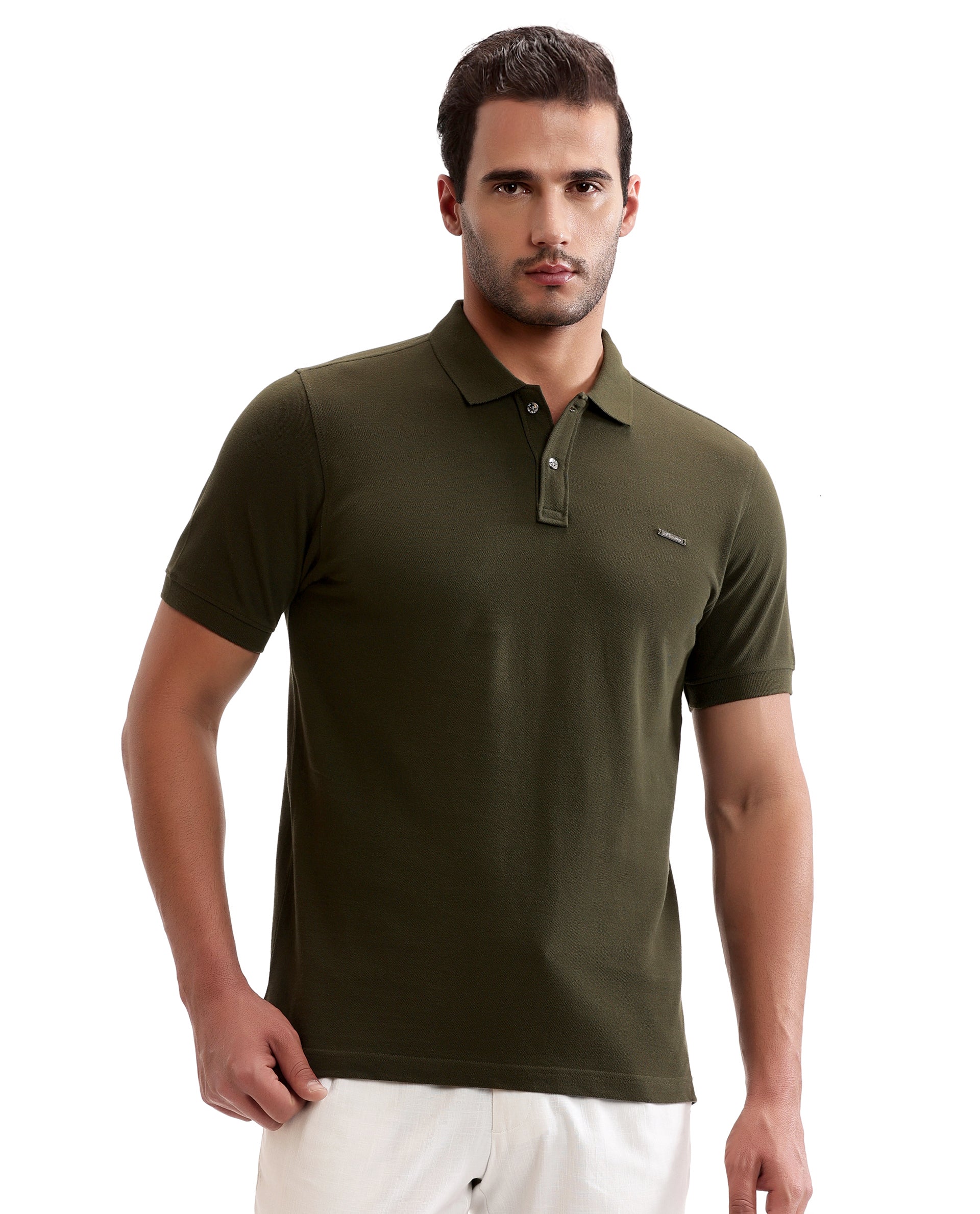 Vintage Olive Pique Polo with Metal Buttons, 7C Metal Badge