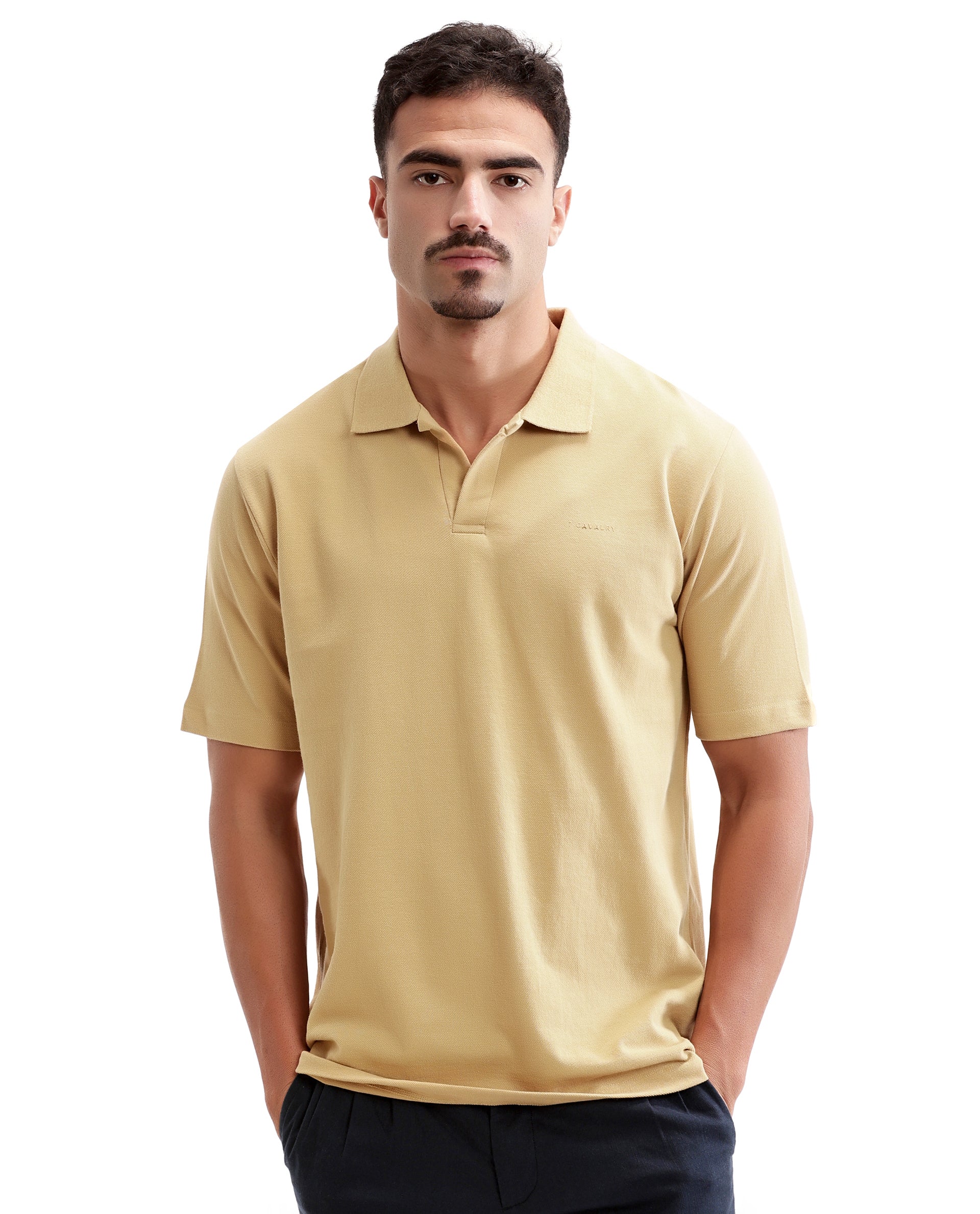 Camel Beige Pique Johnny Collar Polo with HD Print