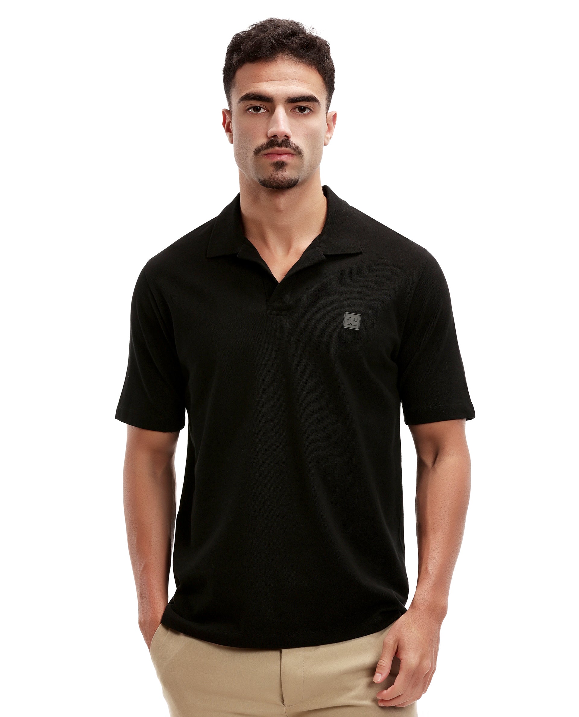Charcoal Black Pique Johnny Collar Polo with 7C Rubber Badge