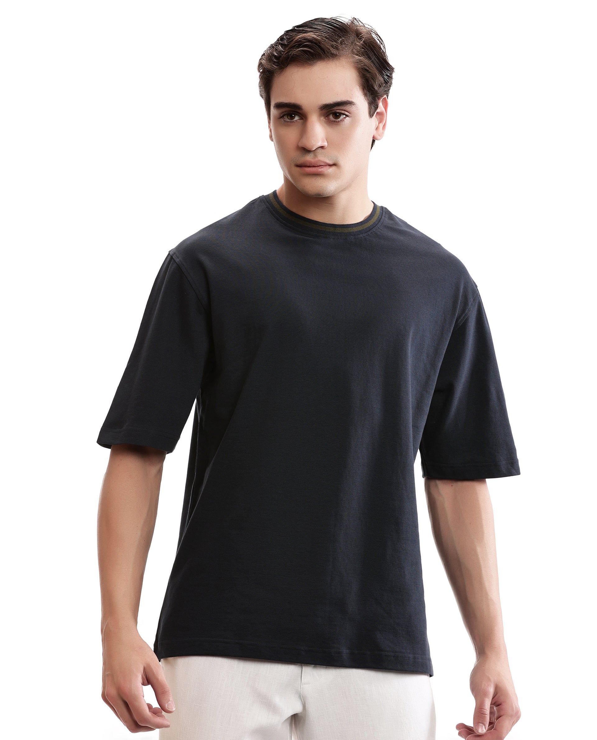 Midnight Navy Blue Pique Crew Neck Oversized T-Shirt with Vintage Olive Piping