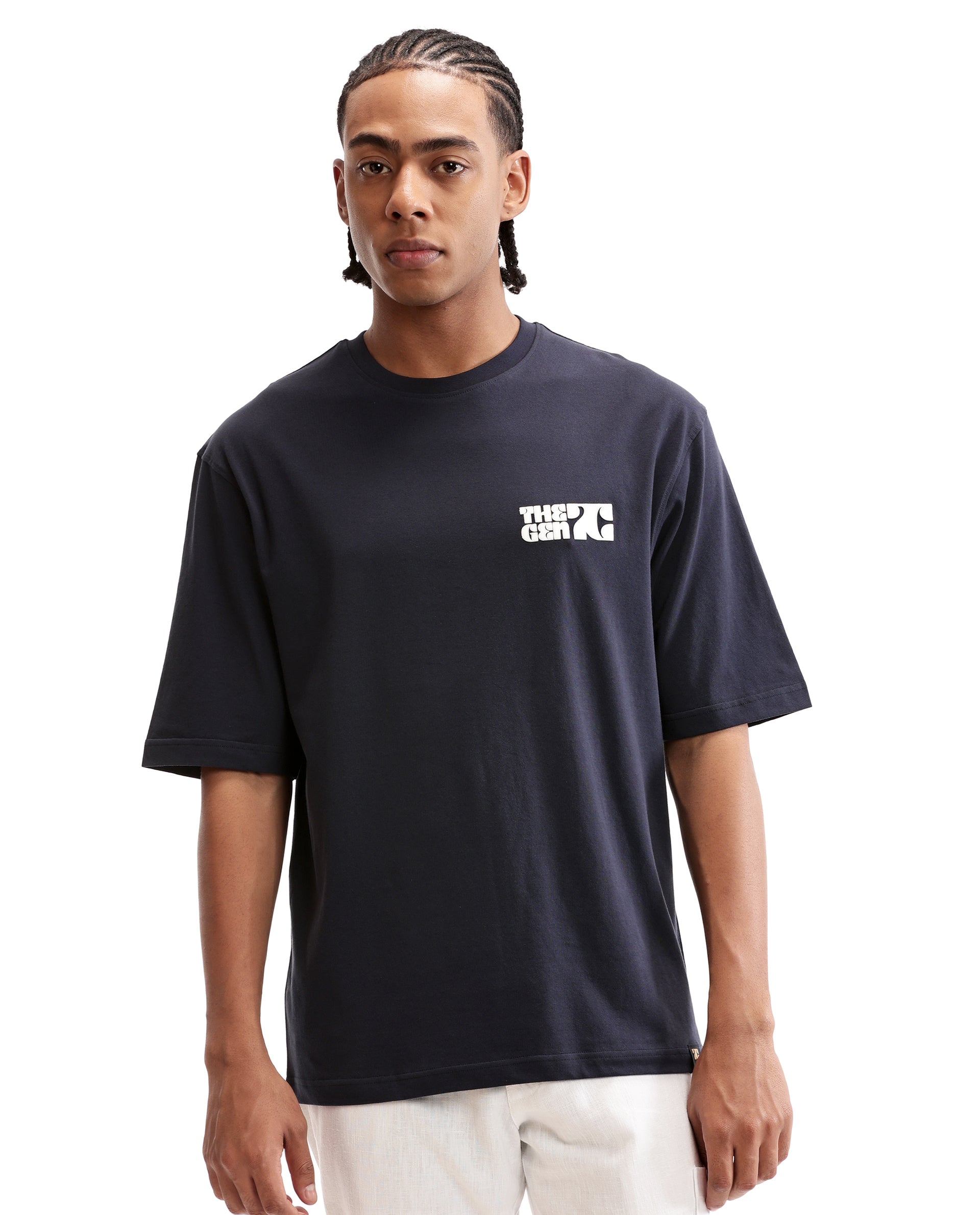 Midnight Navy Blue Single Jersey Crew Neck Oversized T-Shirt with 7C Premium HD Print