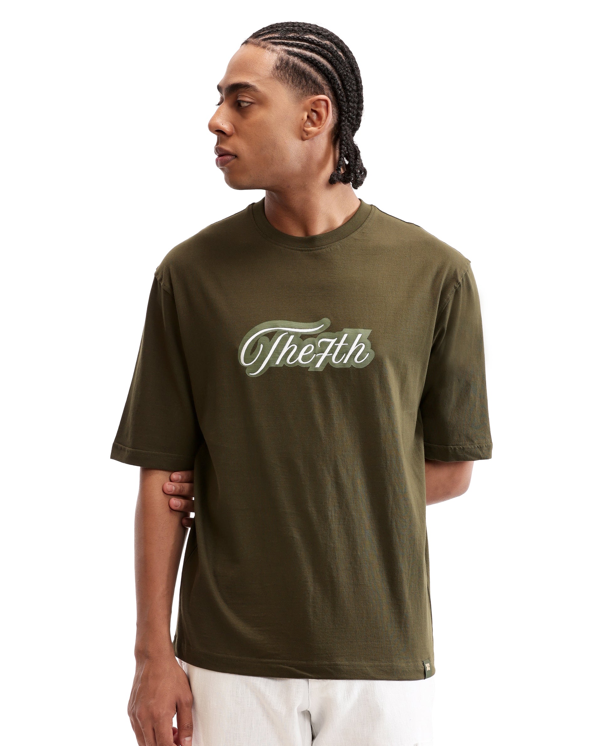 Vintage Olive Single Jersey Crew Neck Oversized T-Shirt with Light Olive Print & Pure White 7C Embroidery