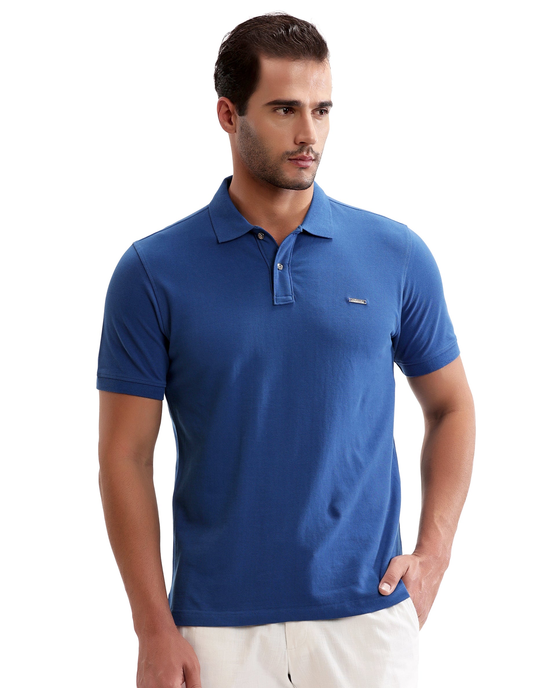 Imperial Prussian Blue Pique Polo with Metal Buttons, 7C Metal Badge
