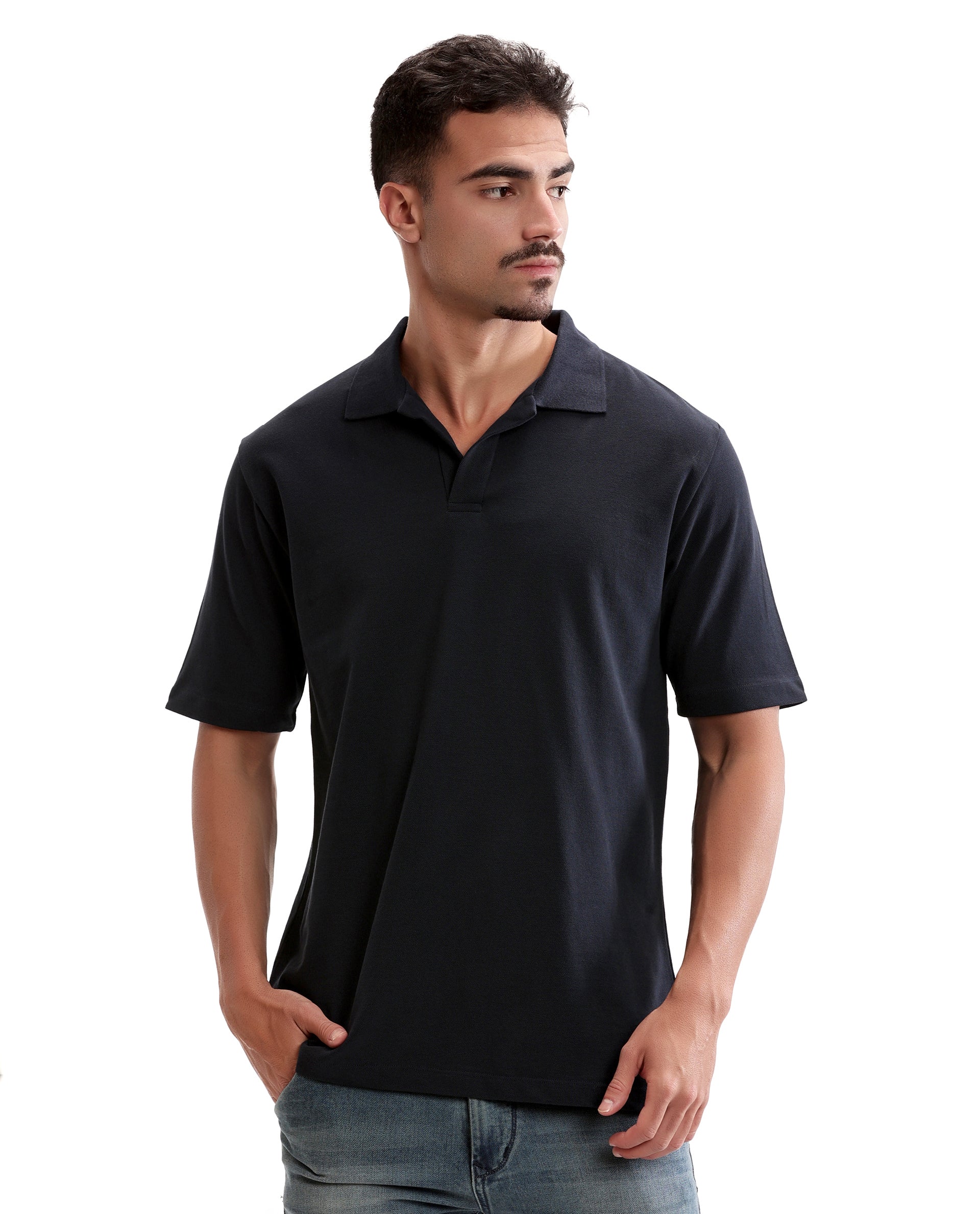 Midnight Navy Blue Pique Johnny Collar Polo