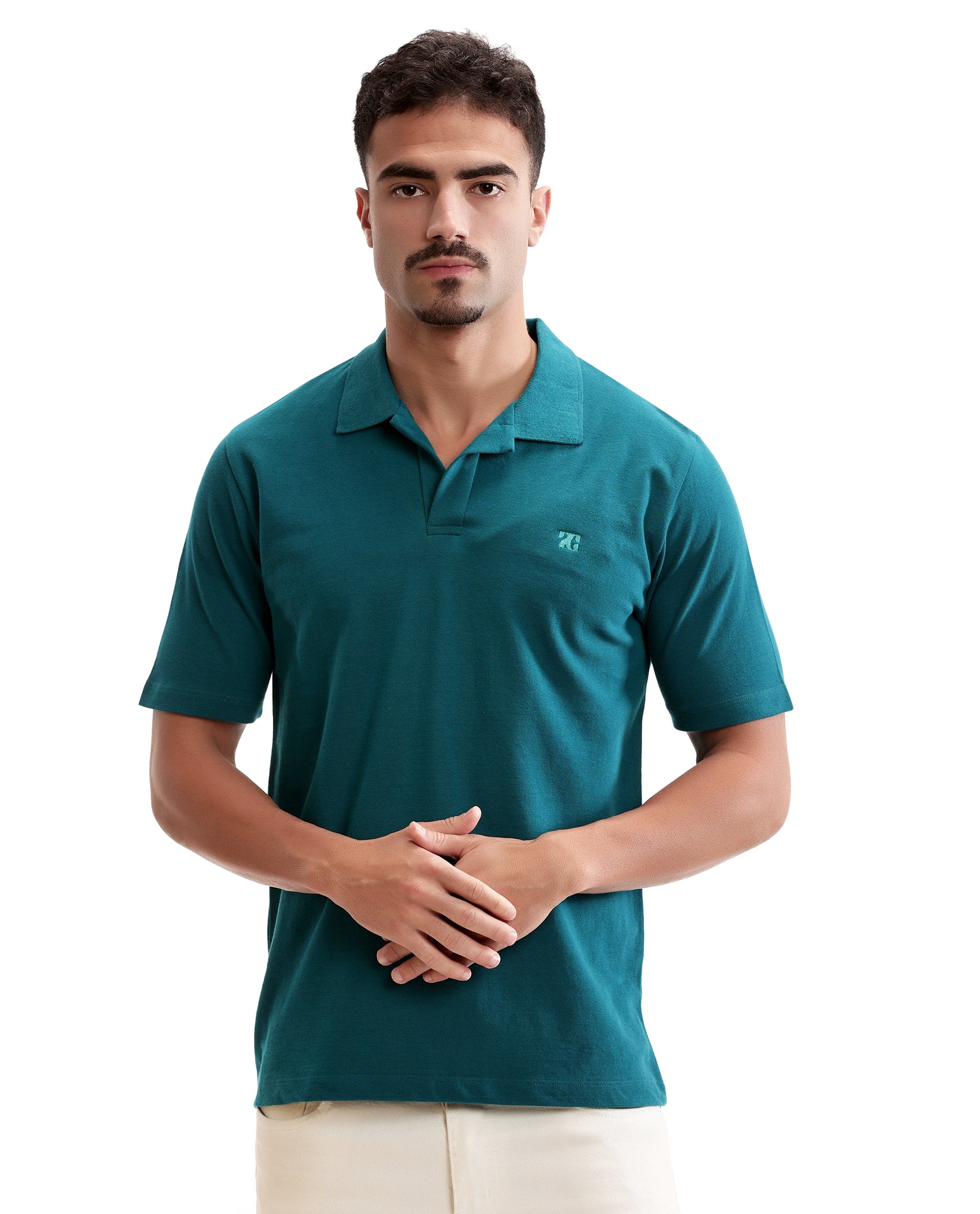 Ocean Teal Johnny Collar Pique Polo with Tone-on-Tone 7C Embroidery