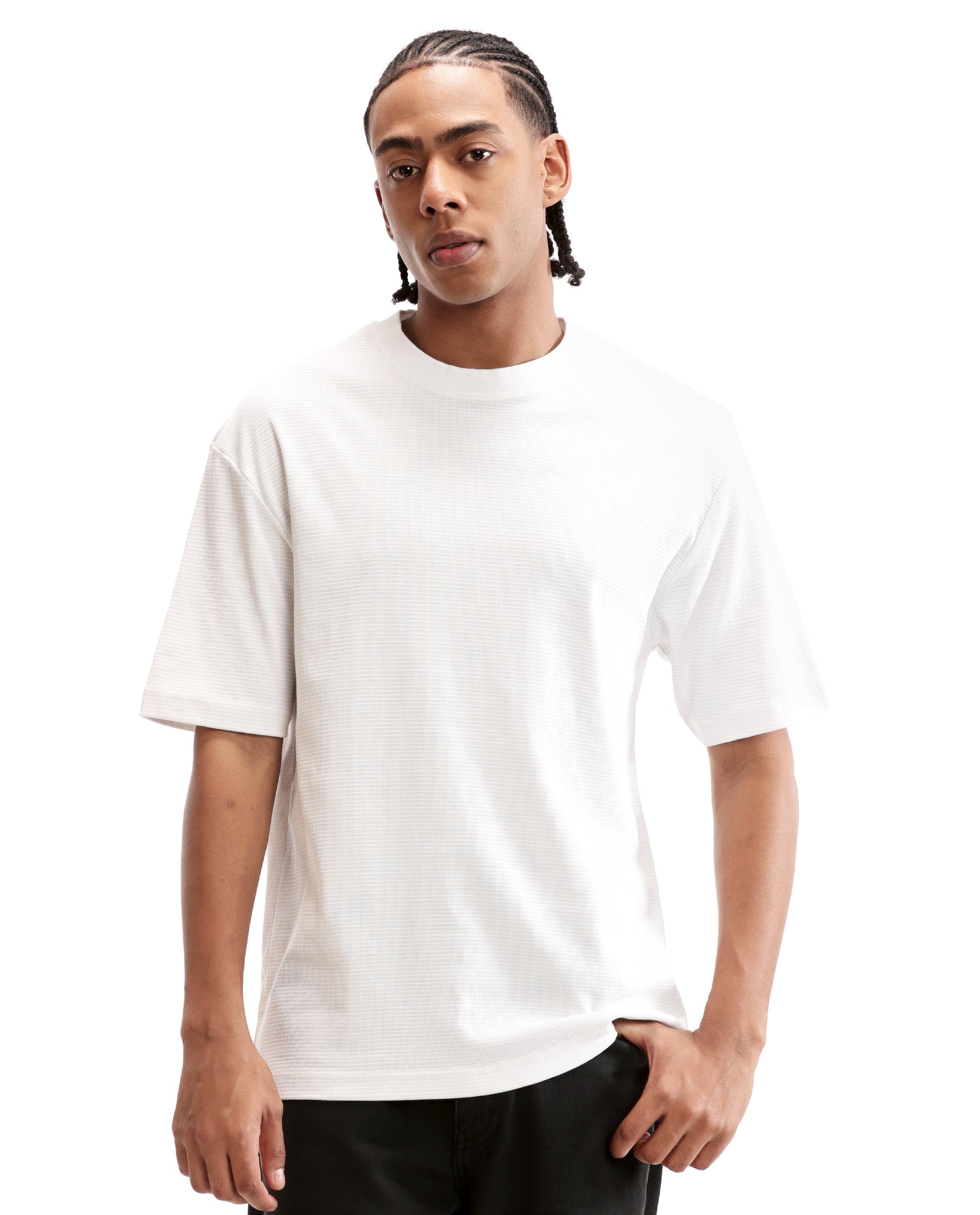 Pure White Knitted Waffle Crew Neck Oversized T-Shirt