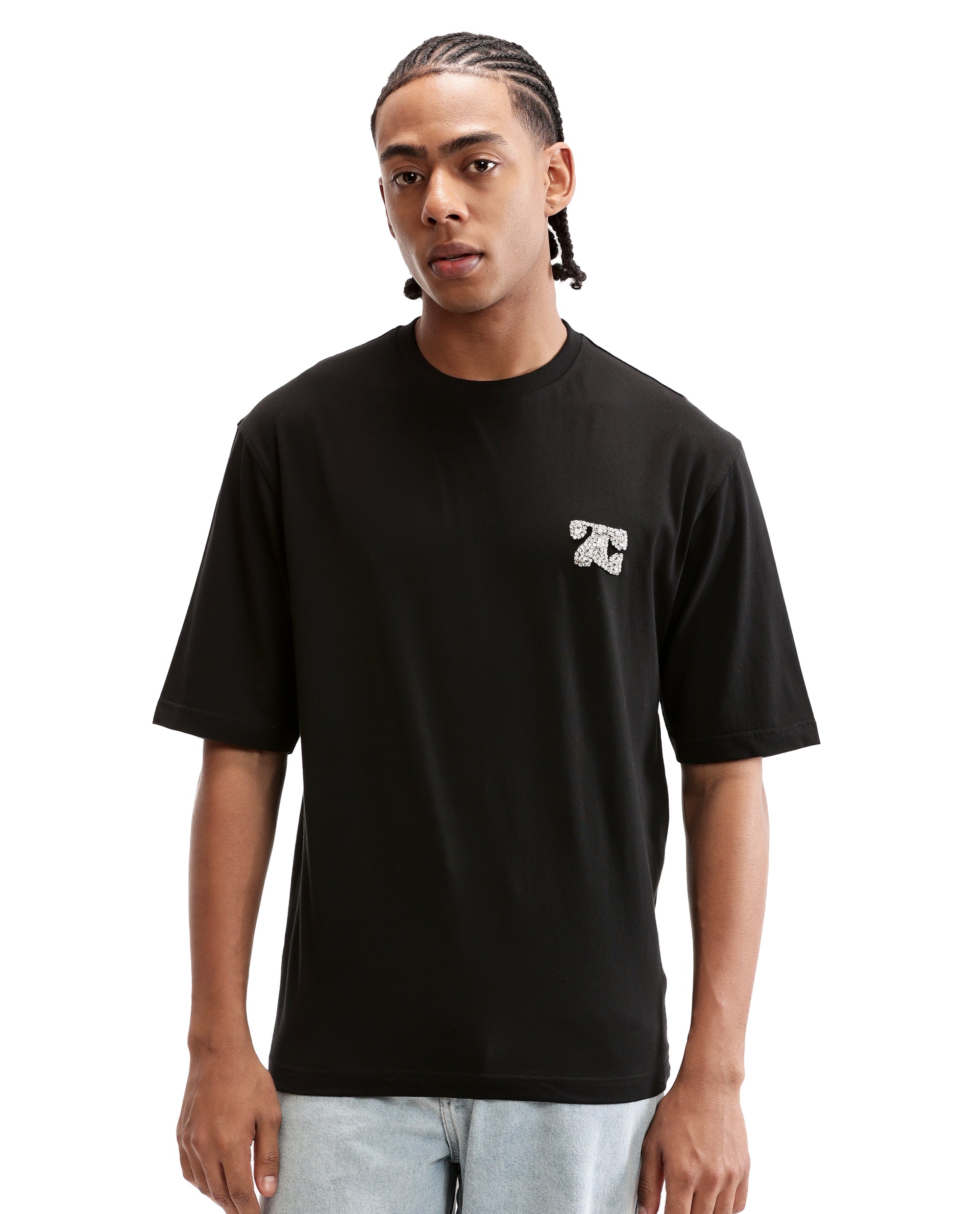 Charcoal Black Single Jersey Crew Neck Oversized T-Shirt with Crystal Finish Rhinestones