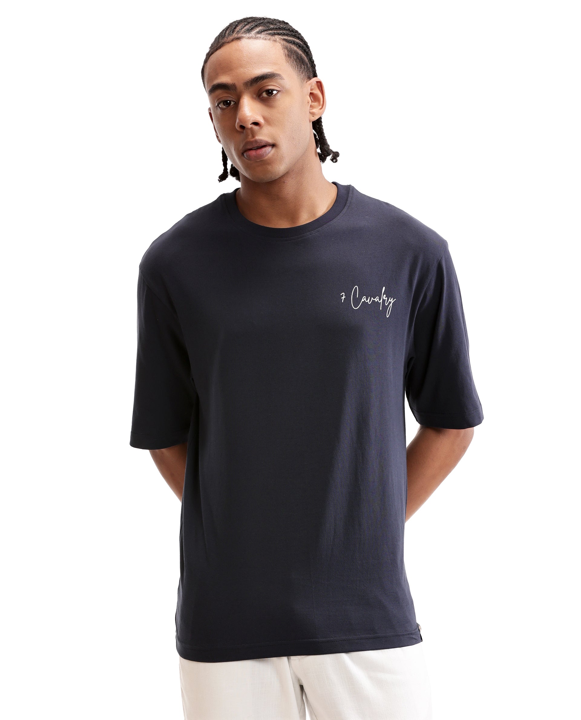 Midnight Navy Blue Single Jersey Crew Neck Oversized T-Shirt with Pure White Non-PVC Print