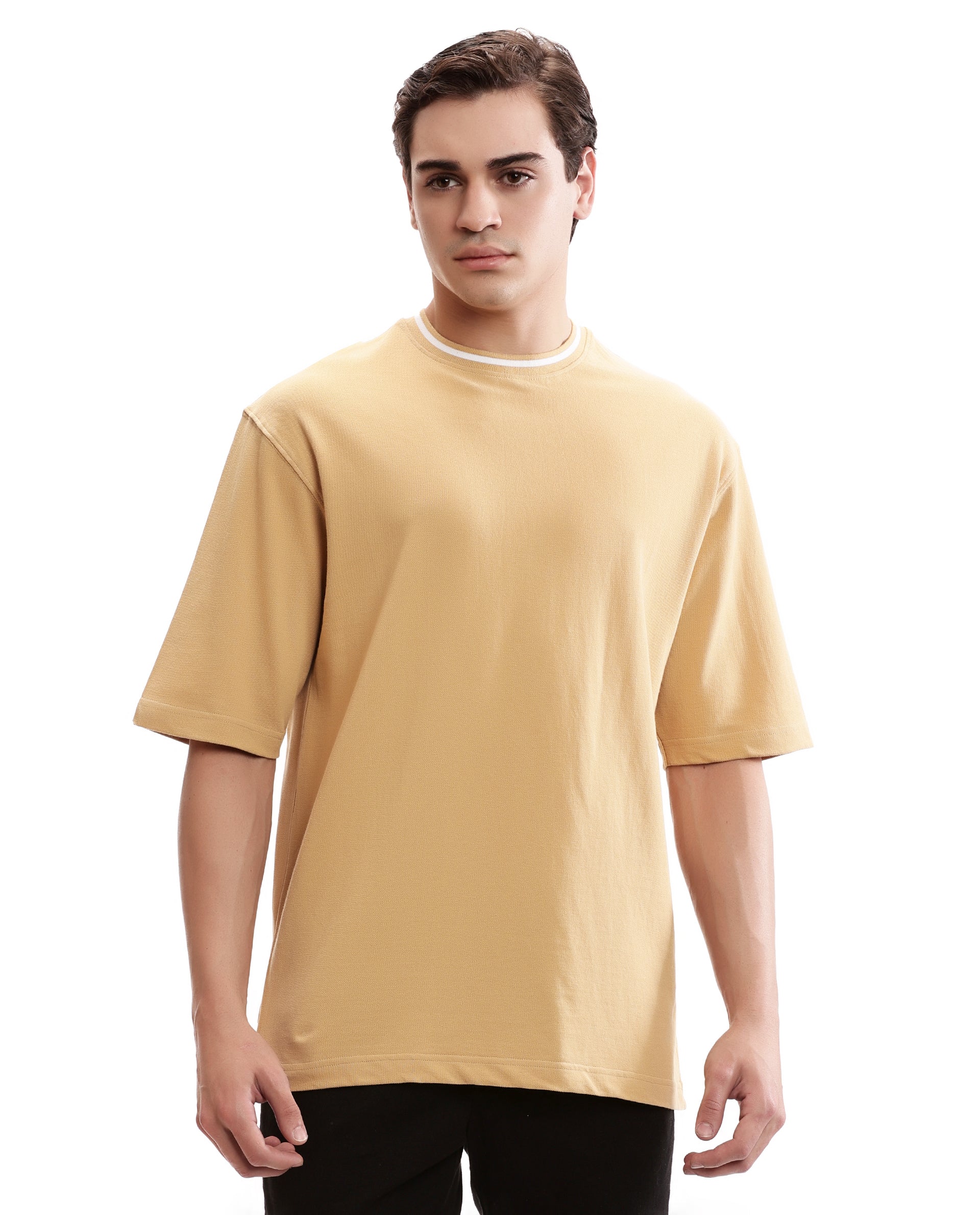 Camel Beige Pique Crew Neck Oversized T-Shirt with Pure White Piping