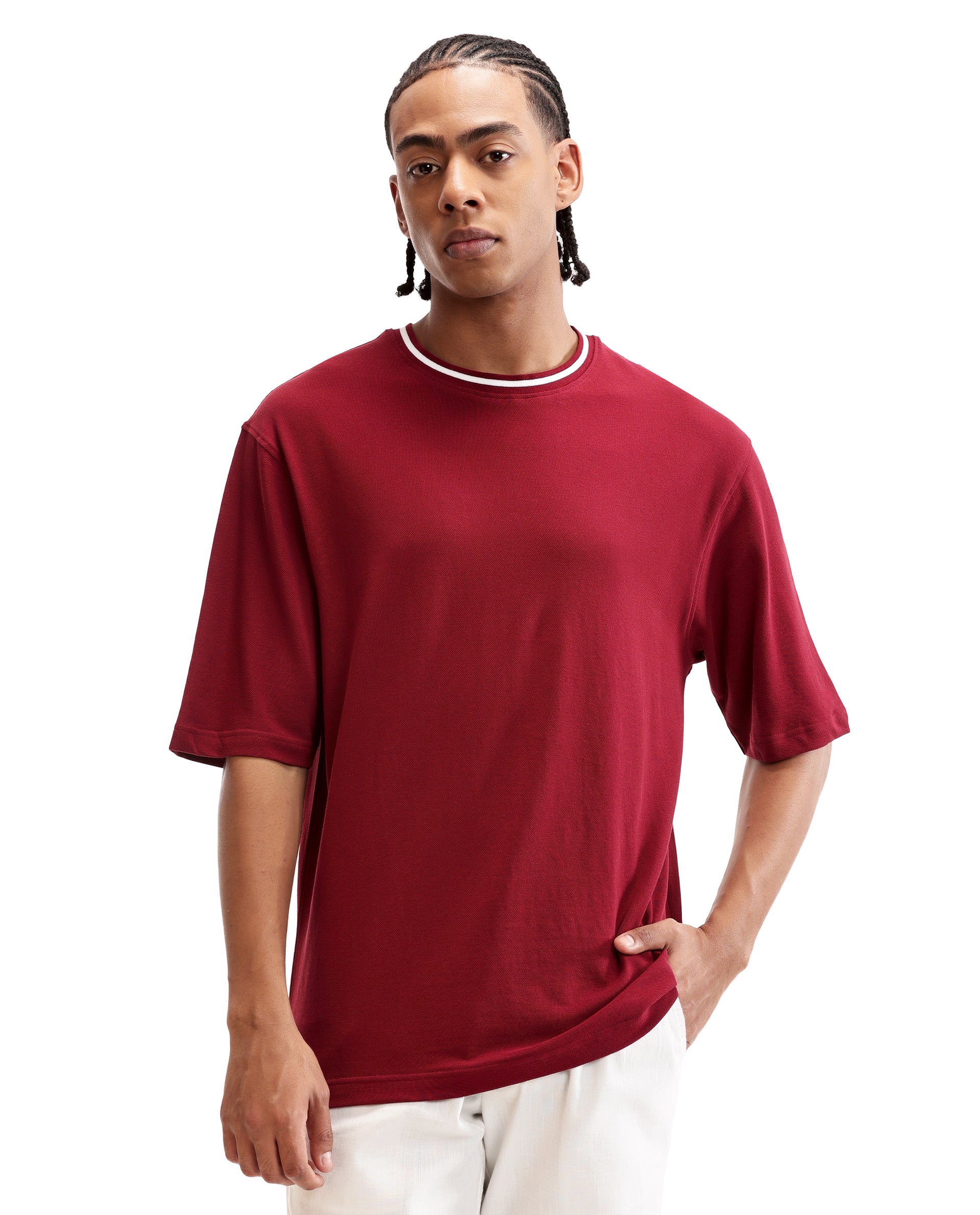 Bordeaux Maroon Pique Crew Neck Oversized T-Shirt with Pure White Piping