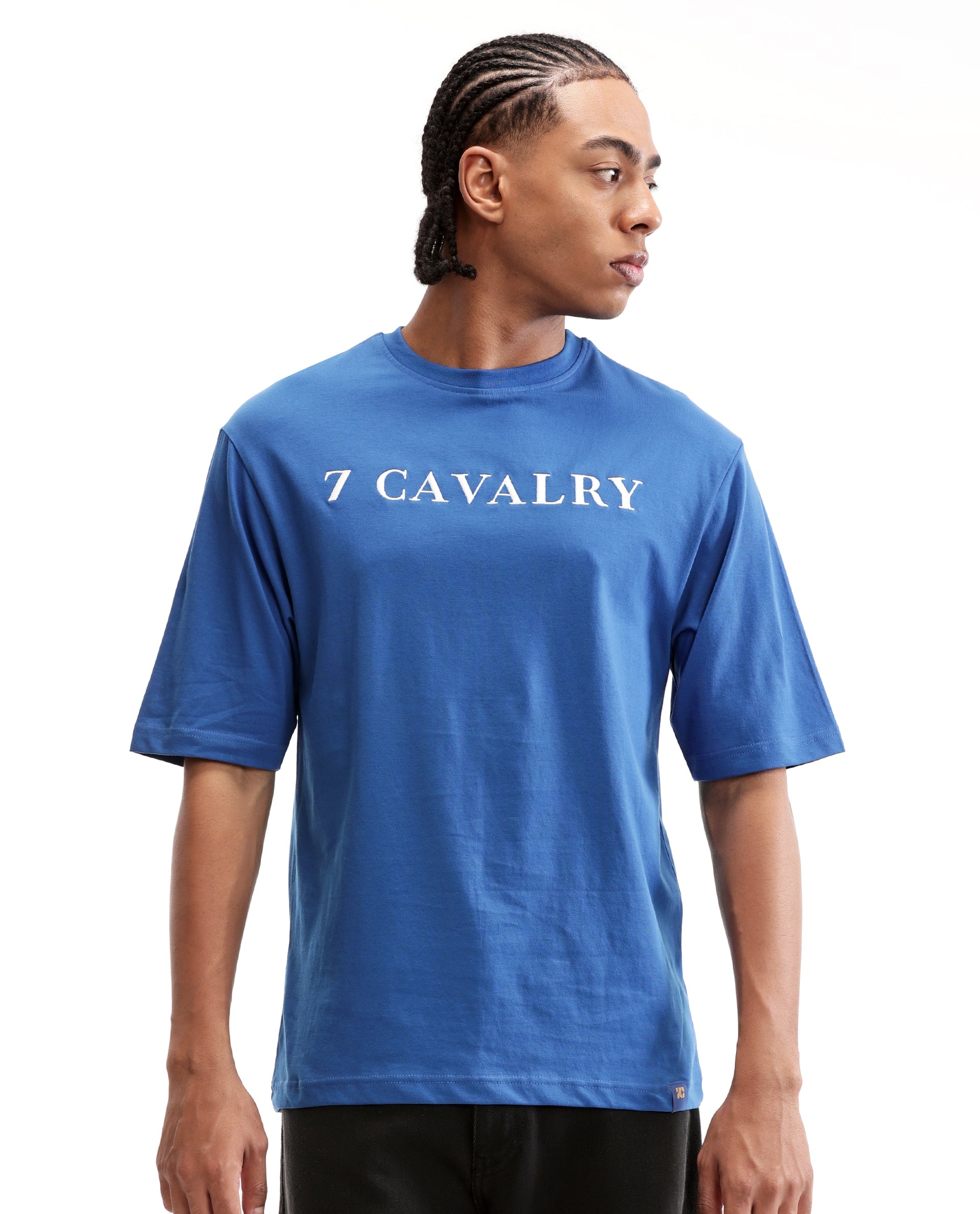 Imperial Prussian Blue Single Jersey Crew Neck Oversized T-Shirt with Pure White Embroidery