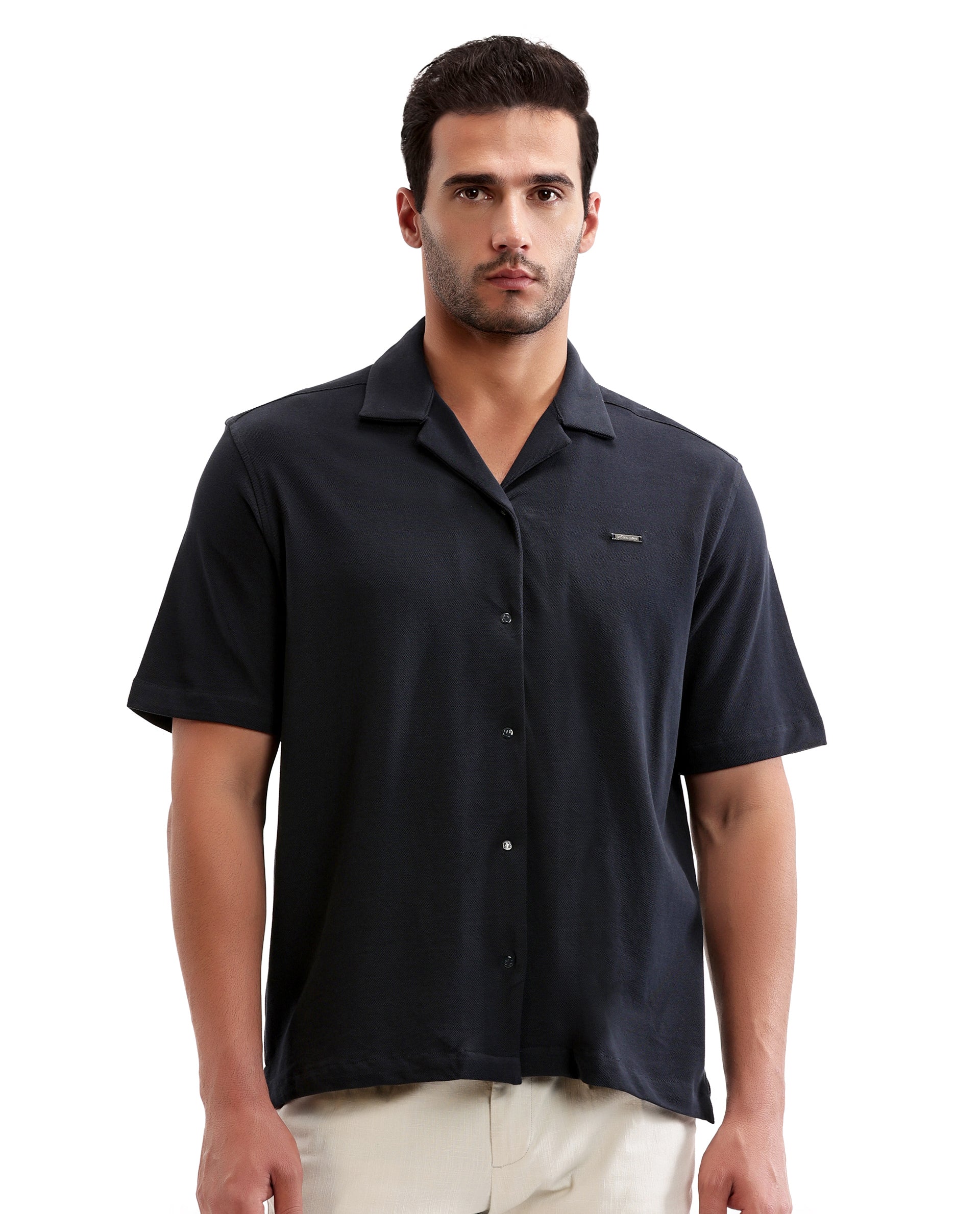Midnight Navy Blue Pique Knit Shirt with 7C Engraved Snap Buttons, Gun Metal Badge