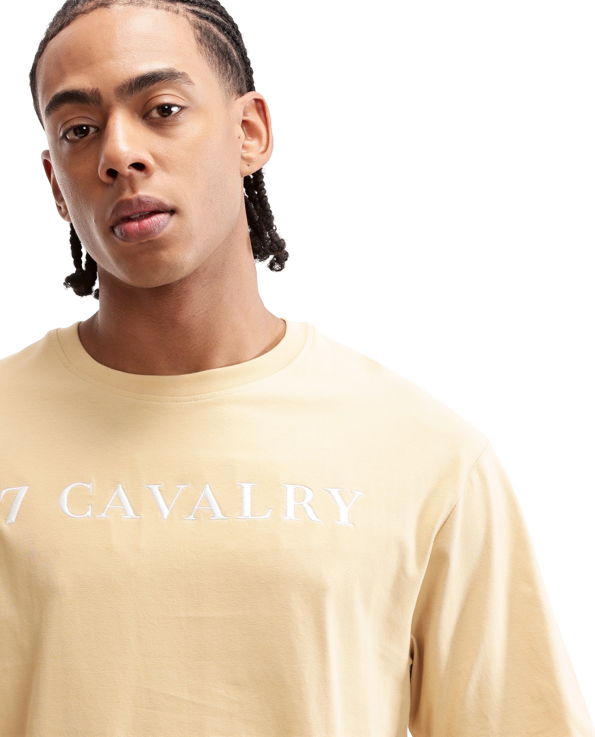 Camel Beige Single Jersey Crew Neck Oversized T-Shirt with Pure White Embroidery