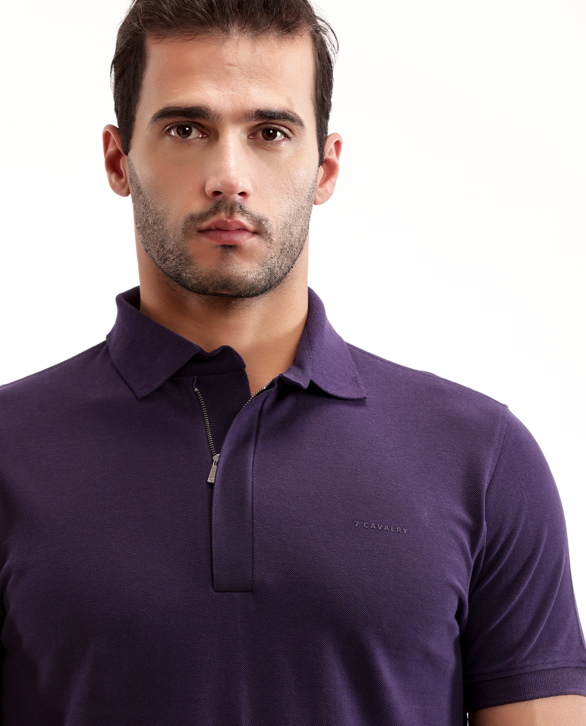 Deep Purple Pique Polo with Concealed 7C Metal Zip, HD Print