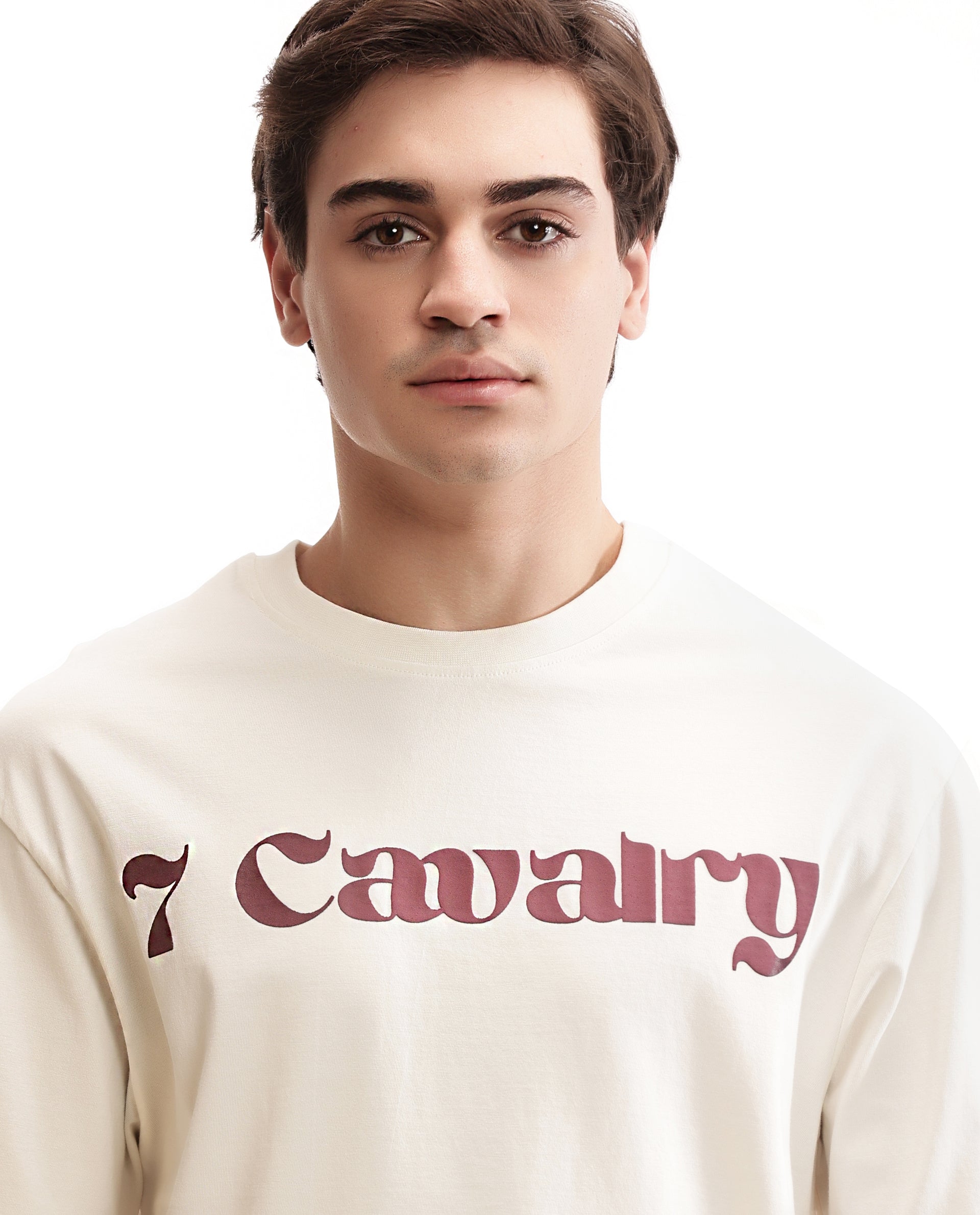 Ivory White Single Jersey Crew Neck Oversized T-Shirt with Bordeaux Maroon Puff Print